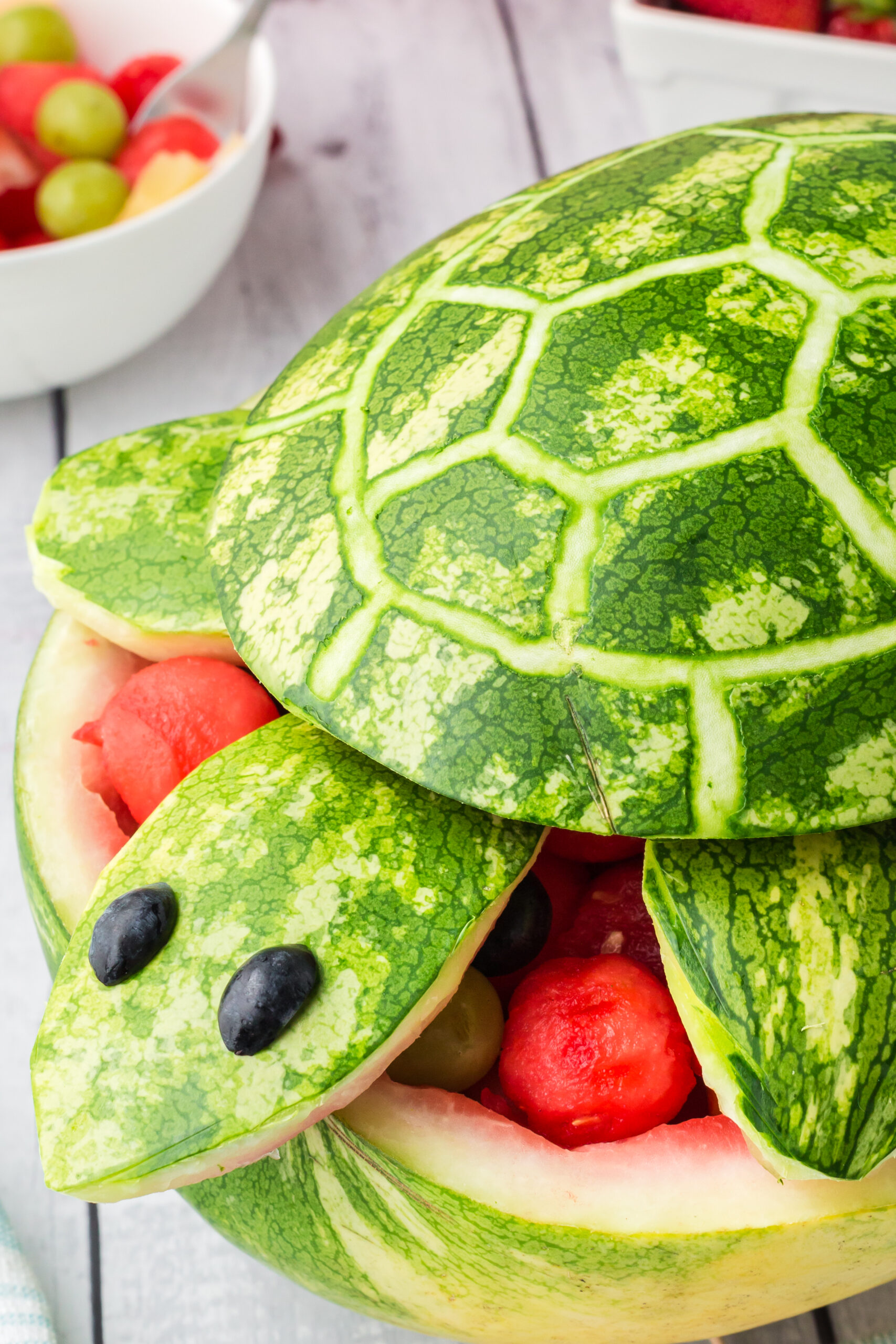 Close up view of Turtle Watermelon Fruit Salad.