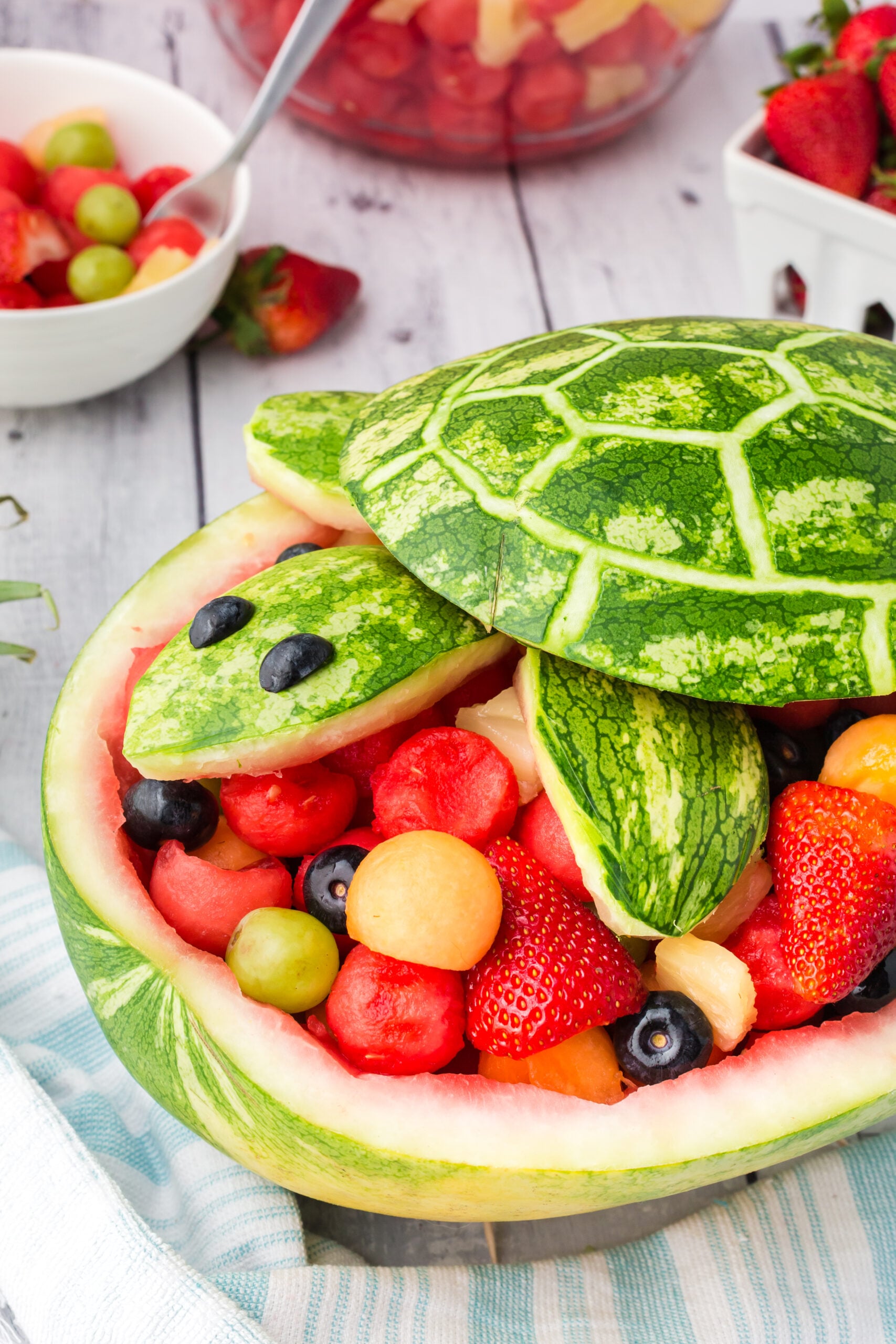Side view of Turtle Watermelon Fruit Salad.