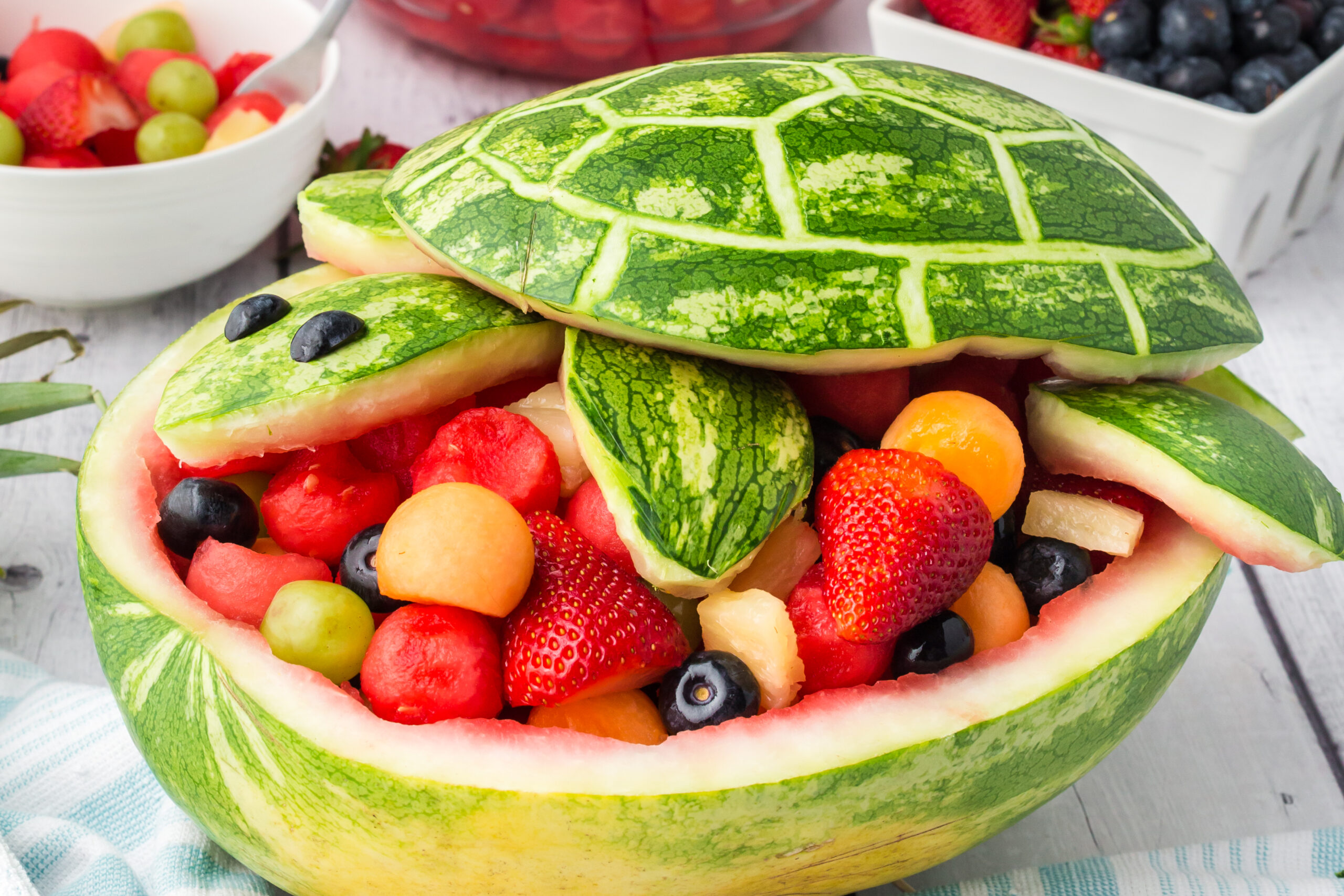 Side view of Turtle Watermelon Fruit Salad.