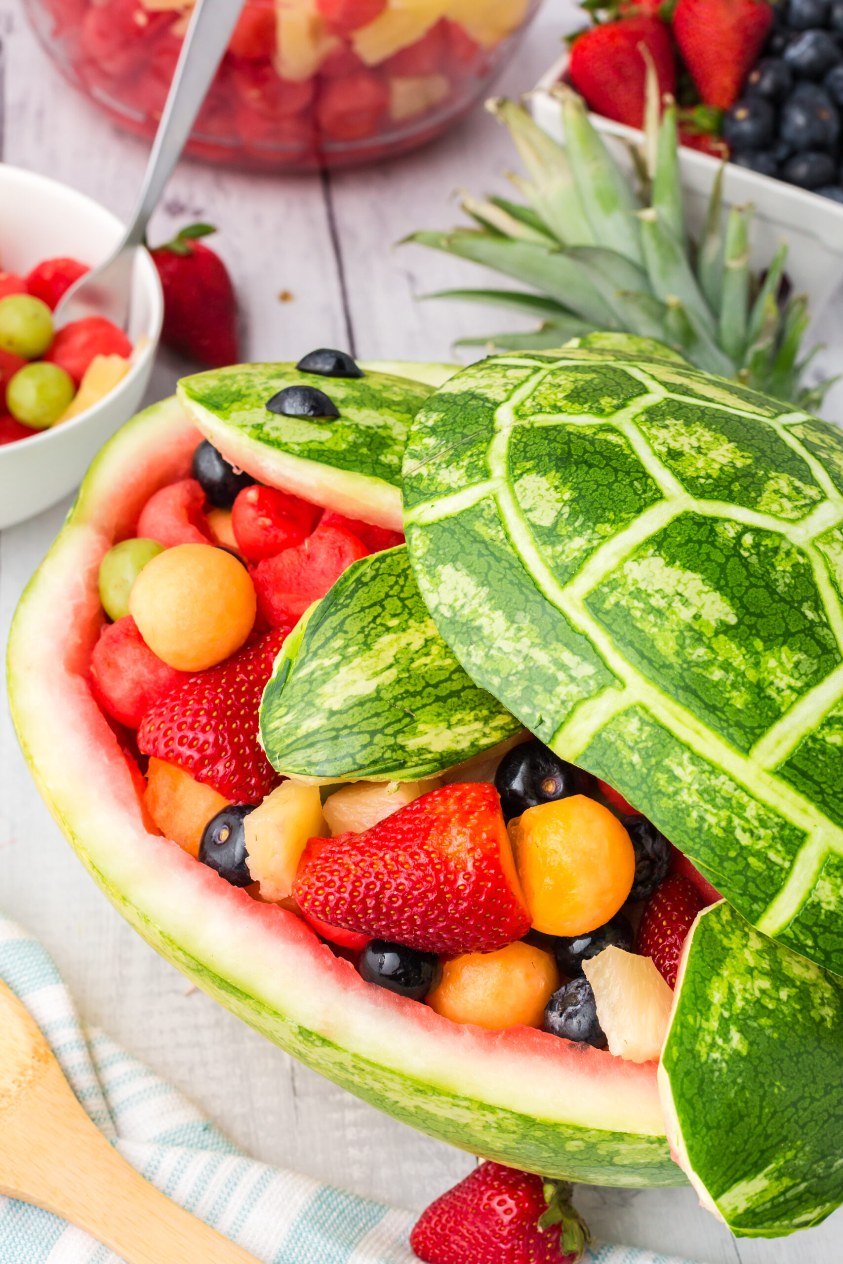 Side view of Turtle Watermelon Fruit Salad.