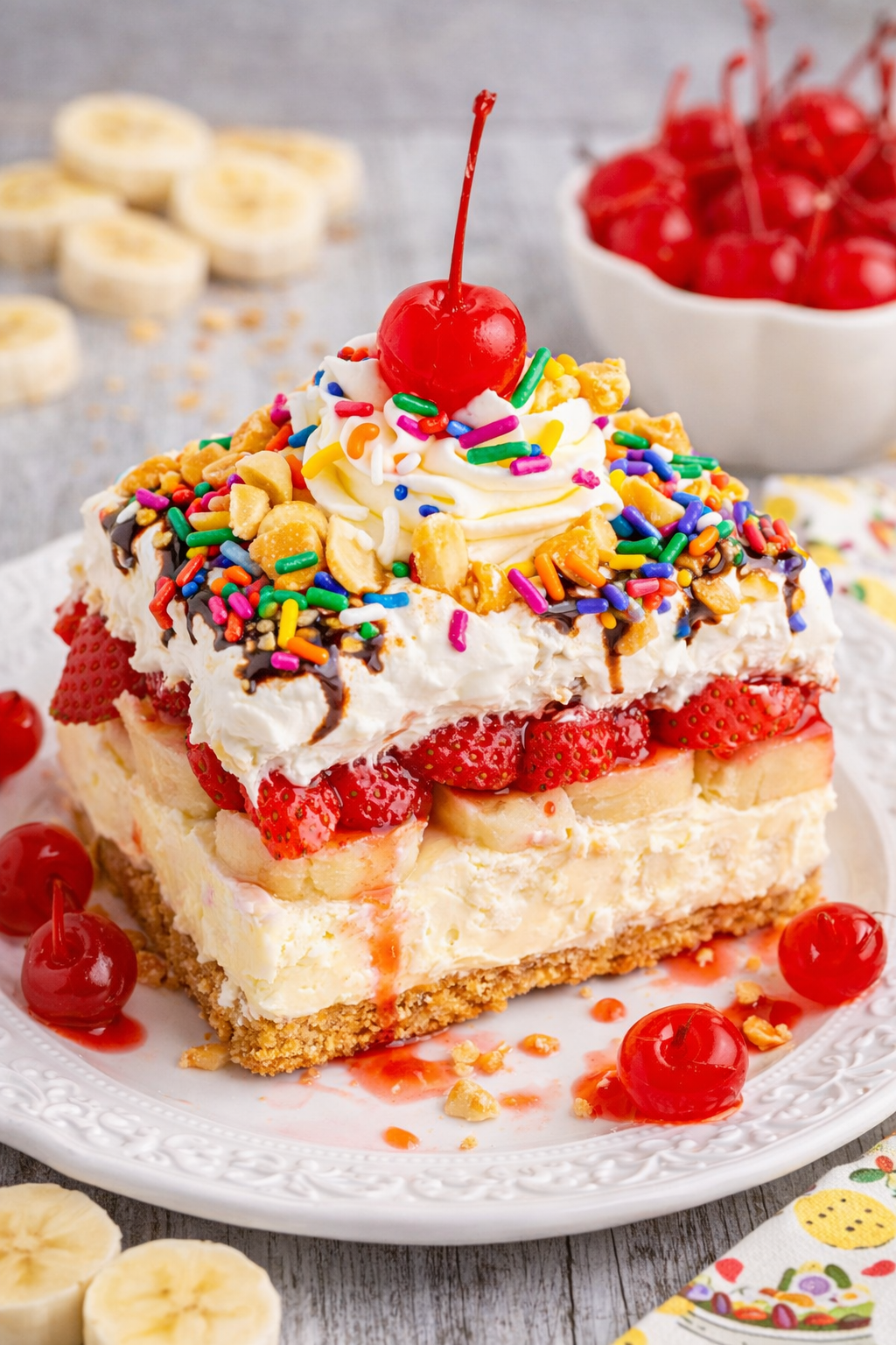 No Bake Banana Split Cake on a white plate
