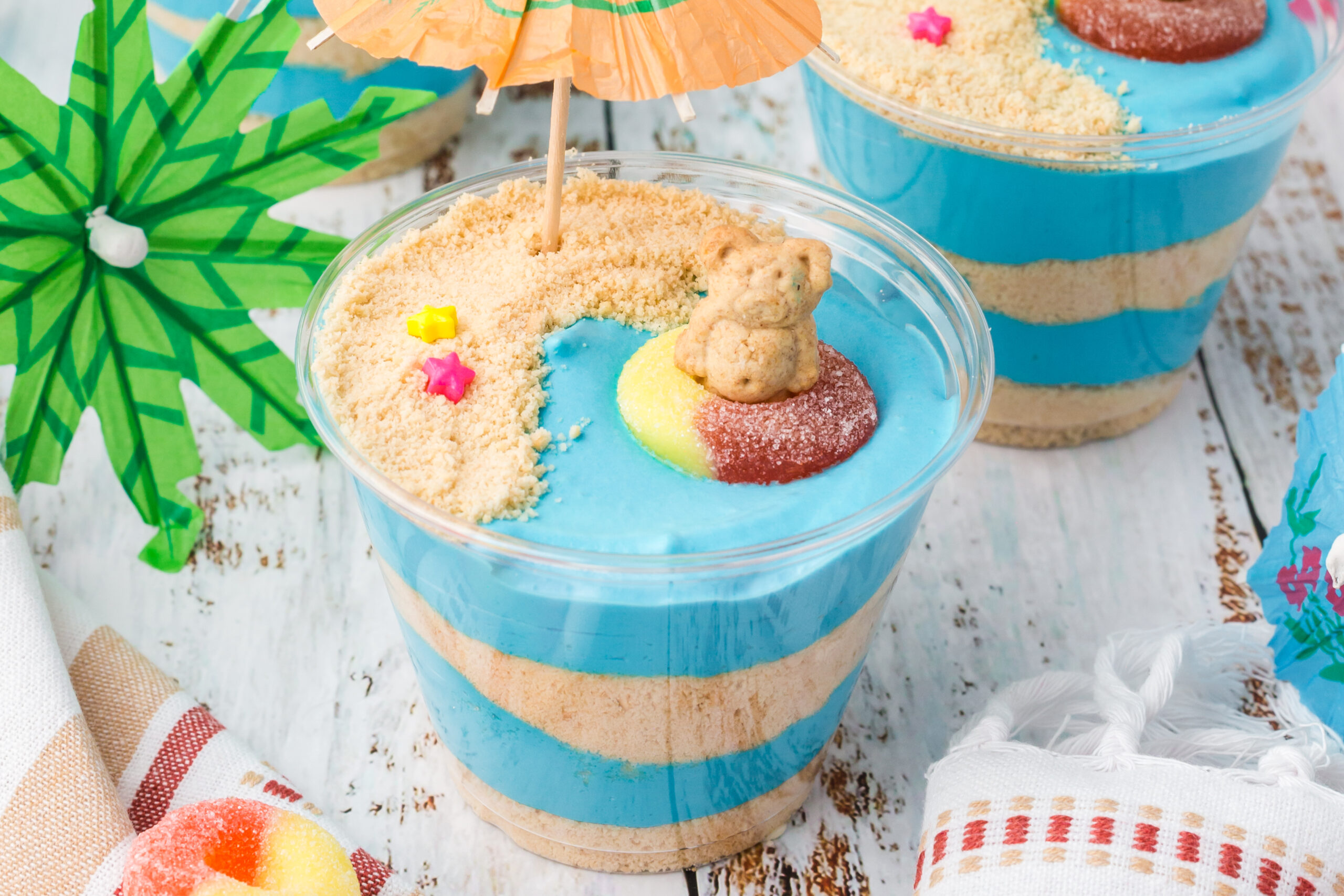 Close up view of Beach Cheesecake Pudding Cups.
