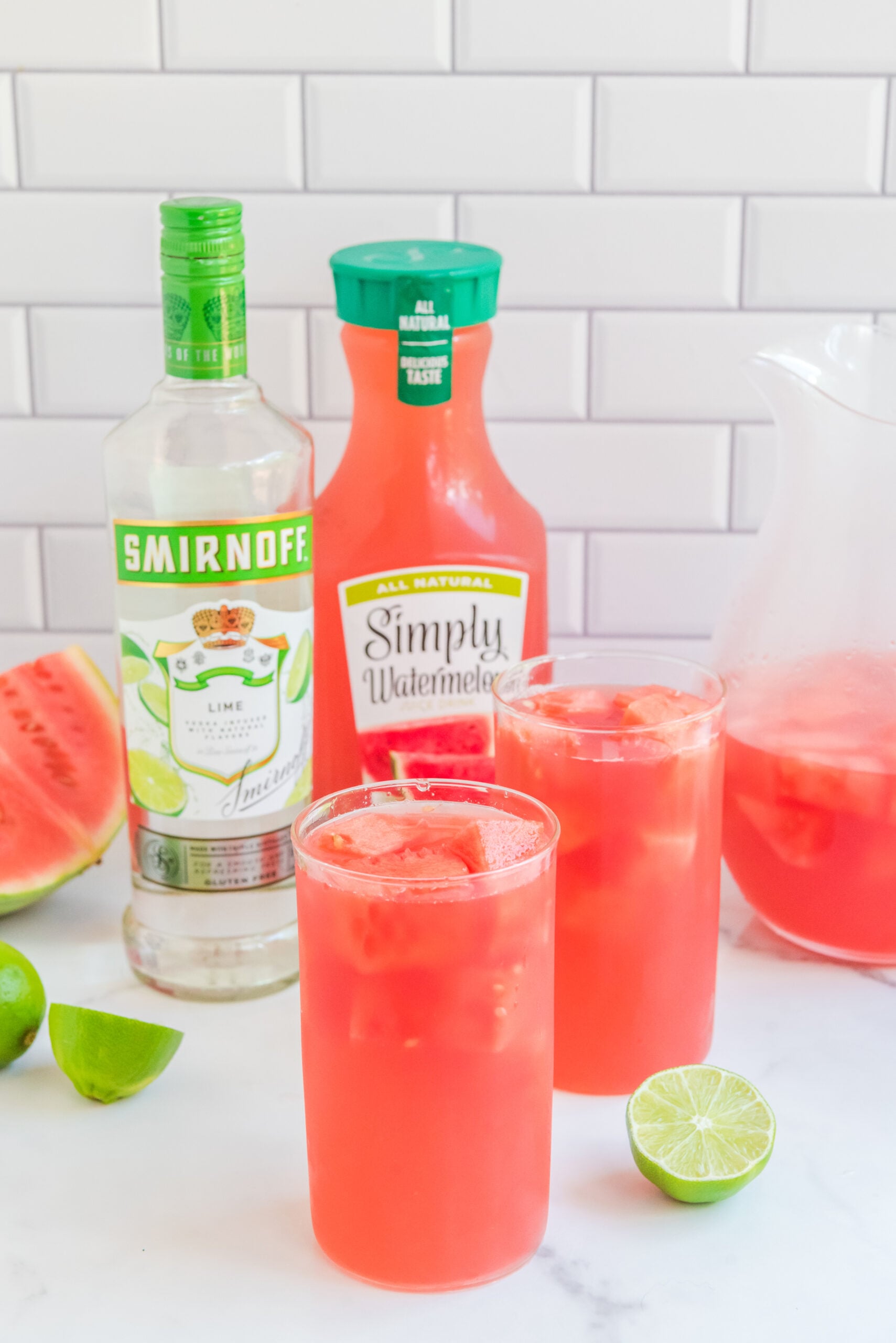 Front view of Watermelon Cocktail in two clear glasses.