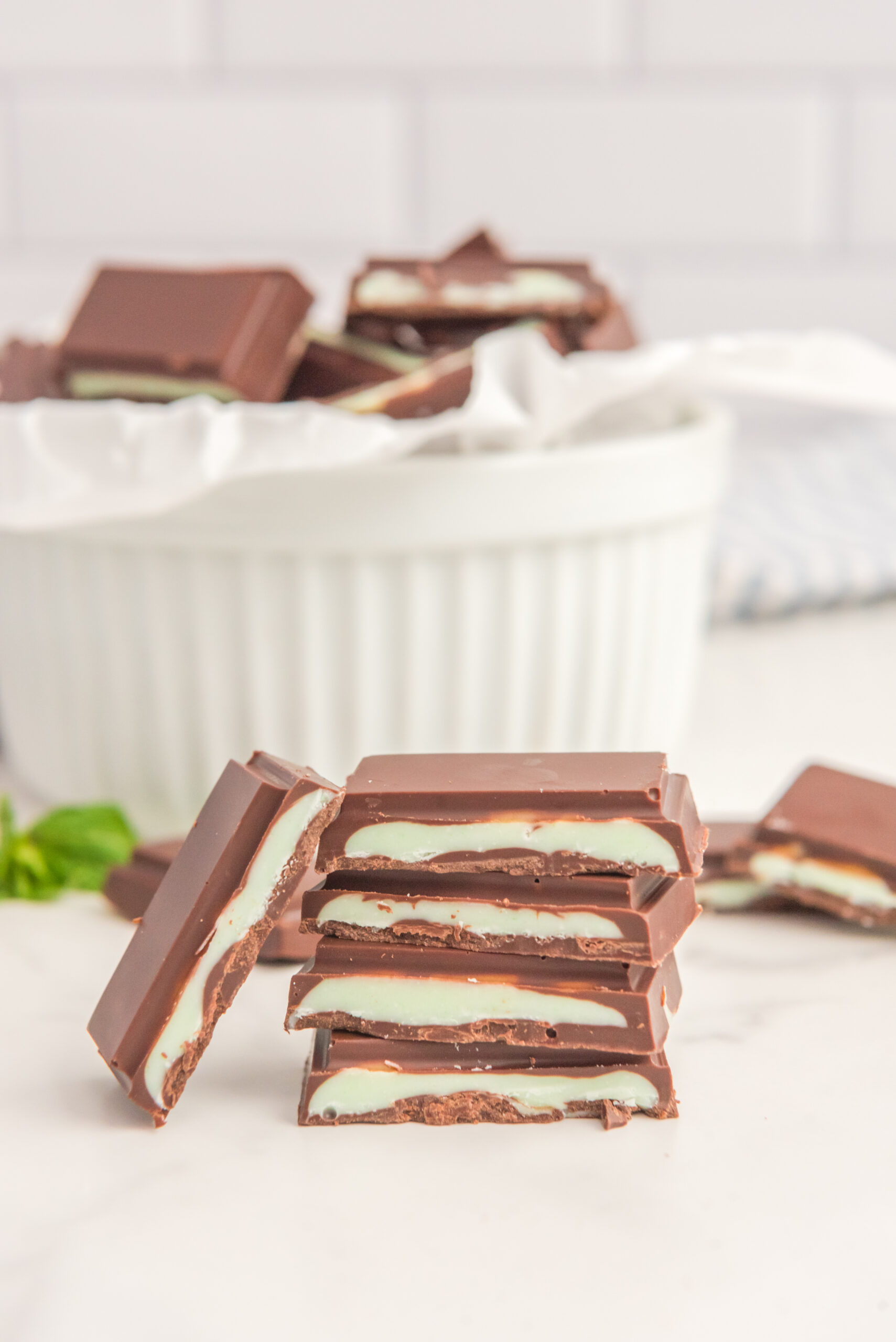 Front view of four Homemade Andes Mints stacked.