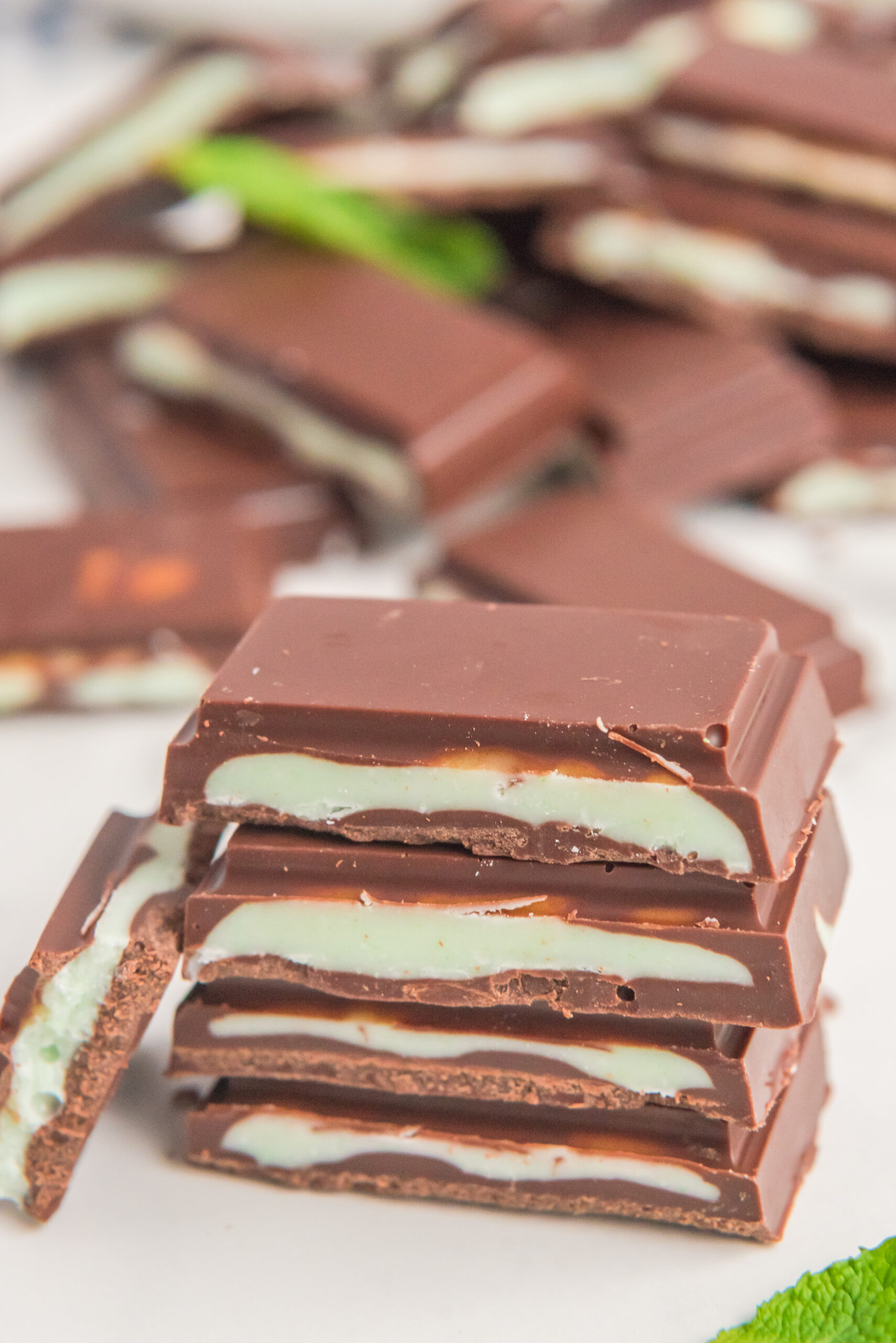 Front view of four Homemade Andes Mints stacked.