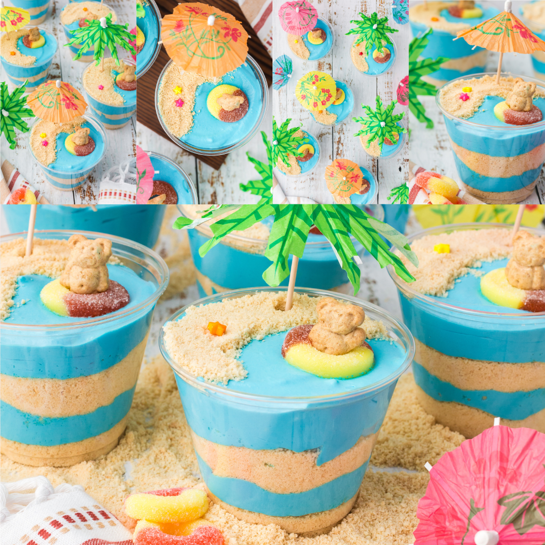 Collage of the Beach Cheesecake Pudding Cups at different angles