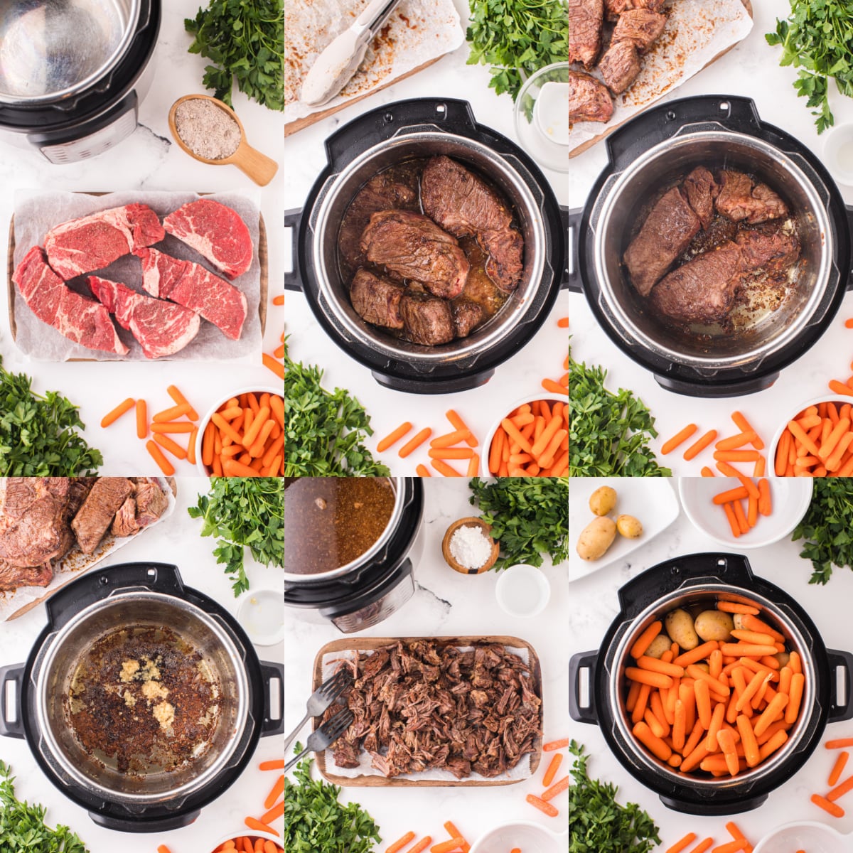 Collage of 6 photos showing the instructional steps how to make the recipe
