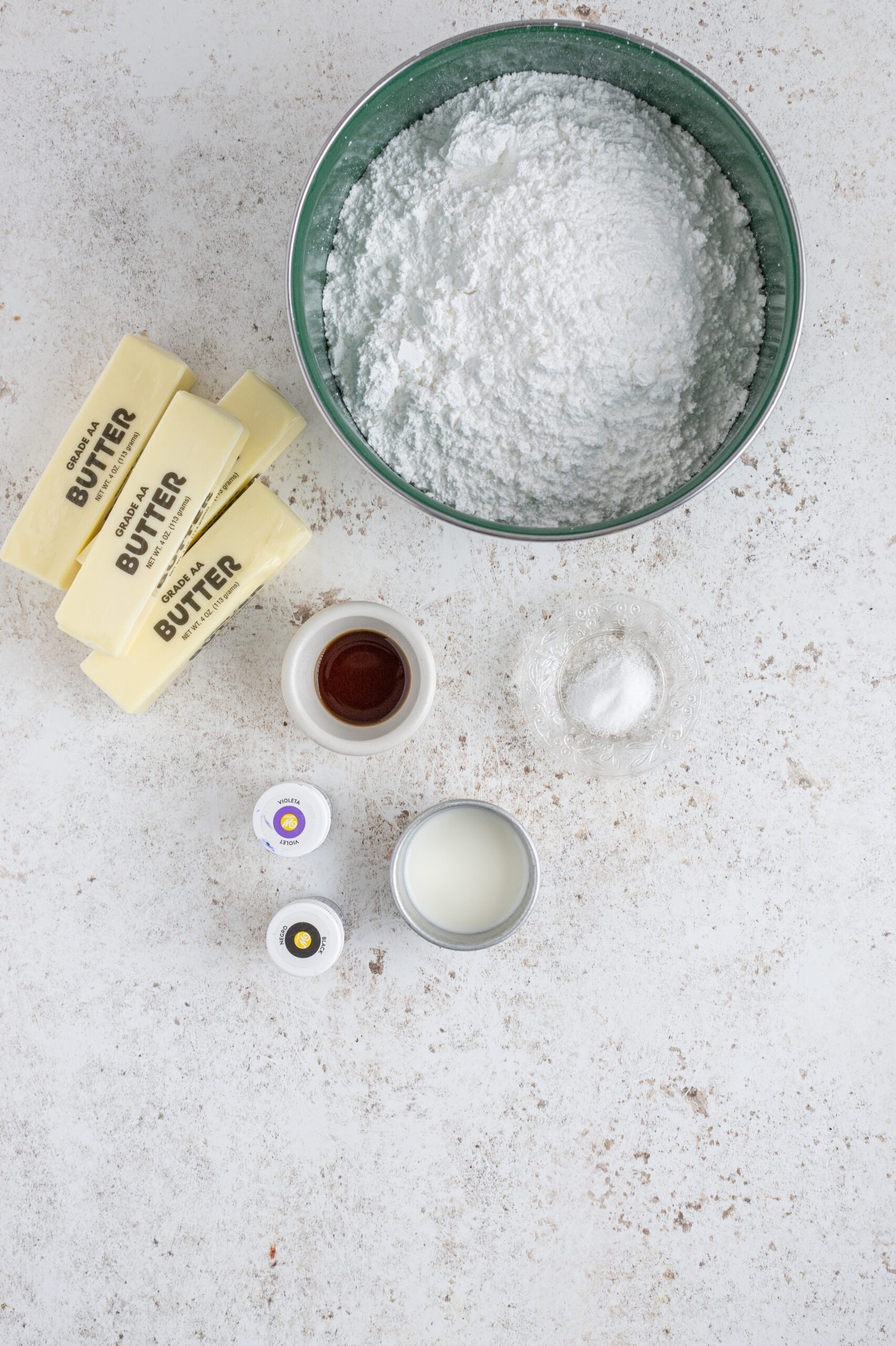 Ingredients needed for the buttercream frosting.
