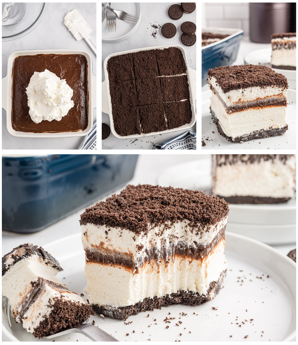 Oreo delight collage of 4 photos showing different angles of the dessert