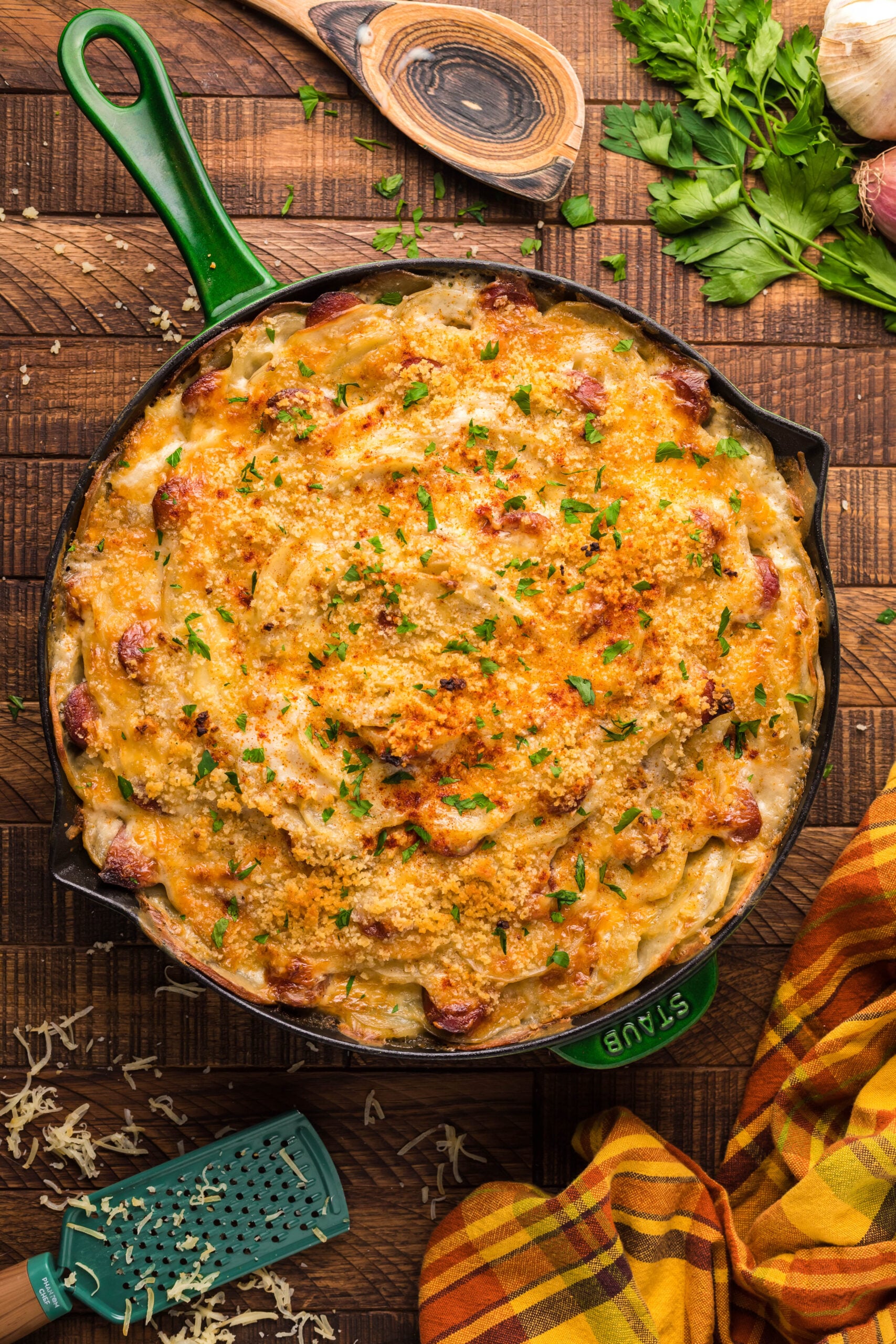 Overhead view of Au Gratin Potatoes & Ham in a cast iron skillet.