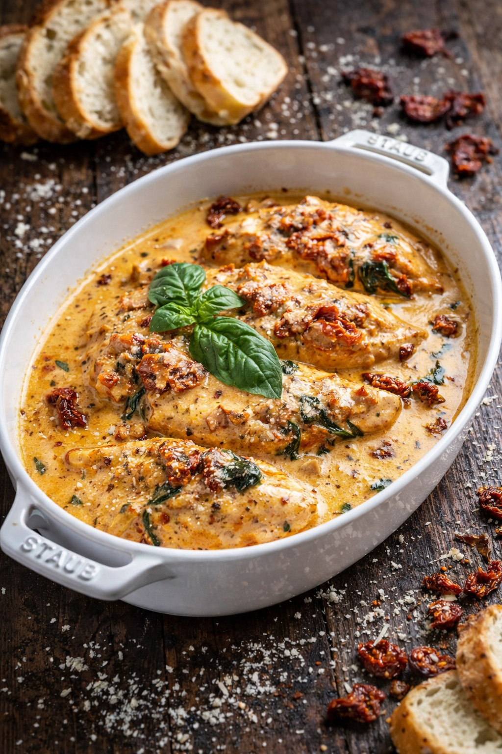 Marry me chicken in a white baking dish on a wood tabe