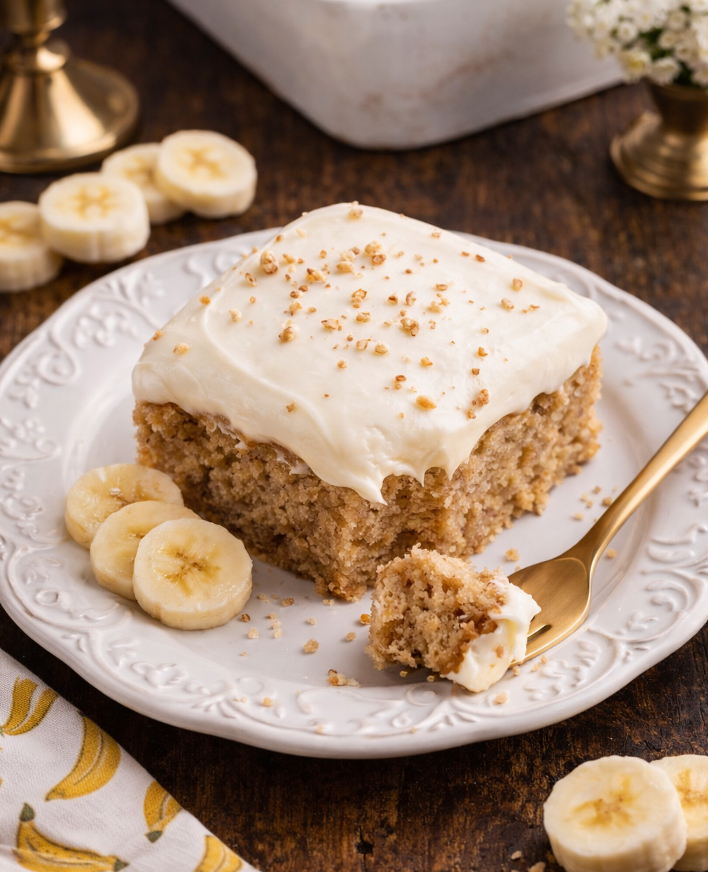 Banana Sheet Cake on a white plate with a bite missing