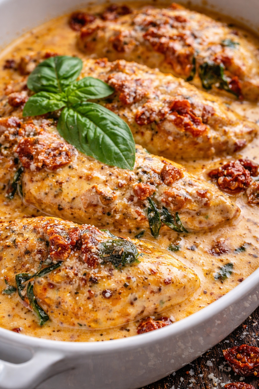 Marry me chicken in a white baking dish up close