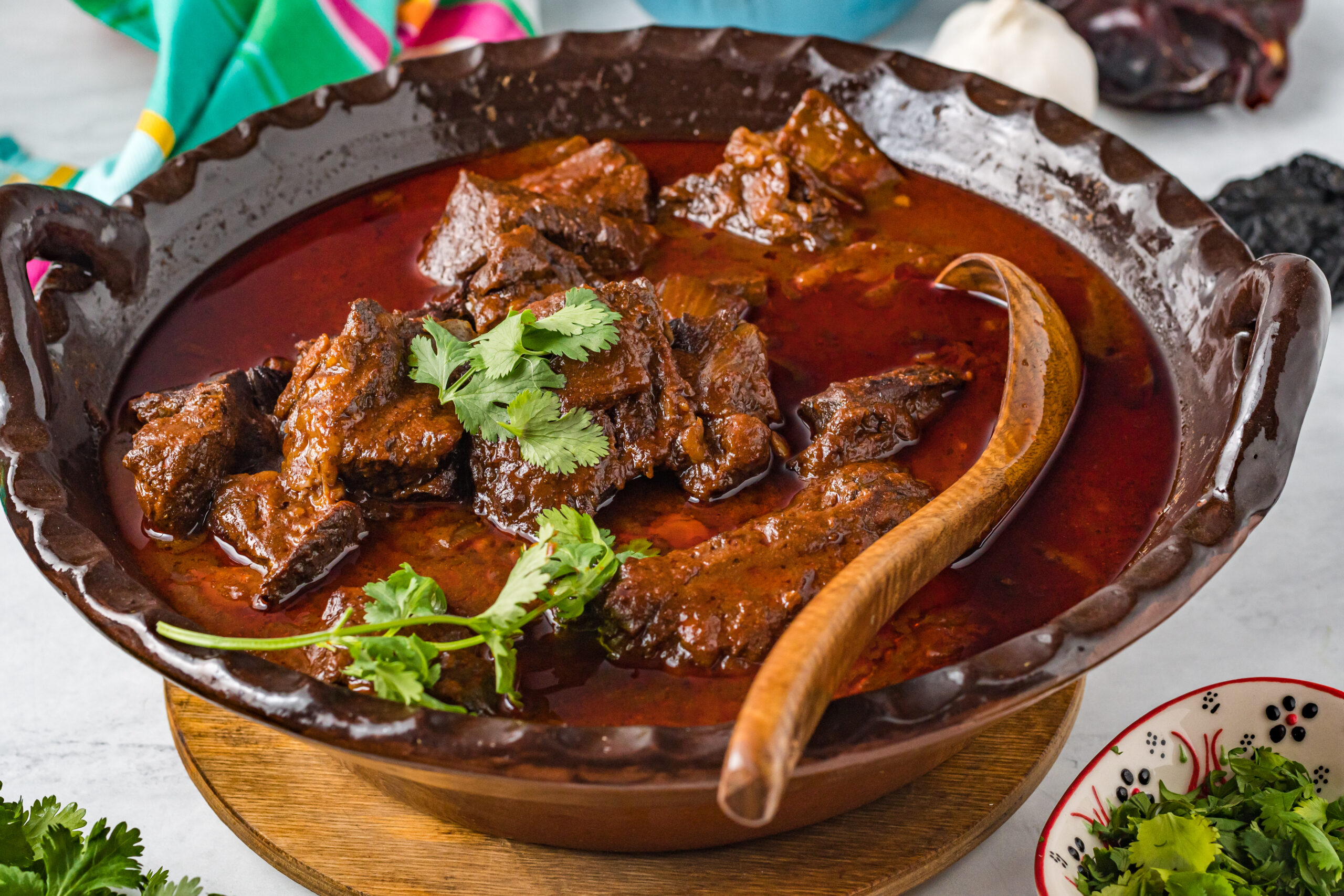 Front view of Beef Birria in a serving dish.