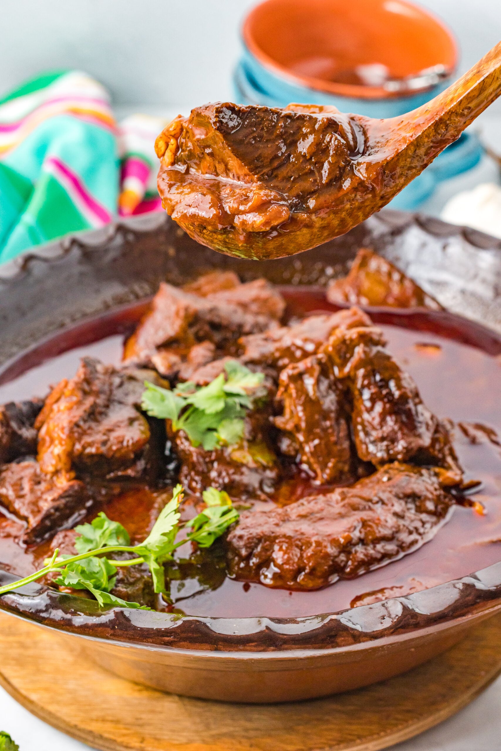 Close up view of a wooden spoon removing a serving of Beef Birria.