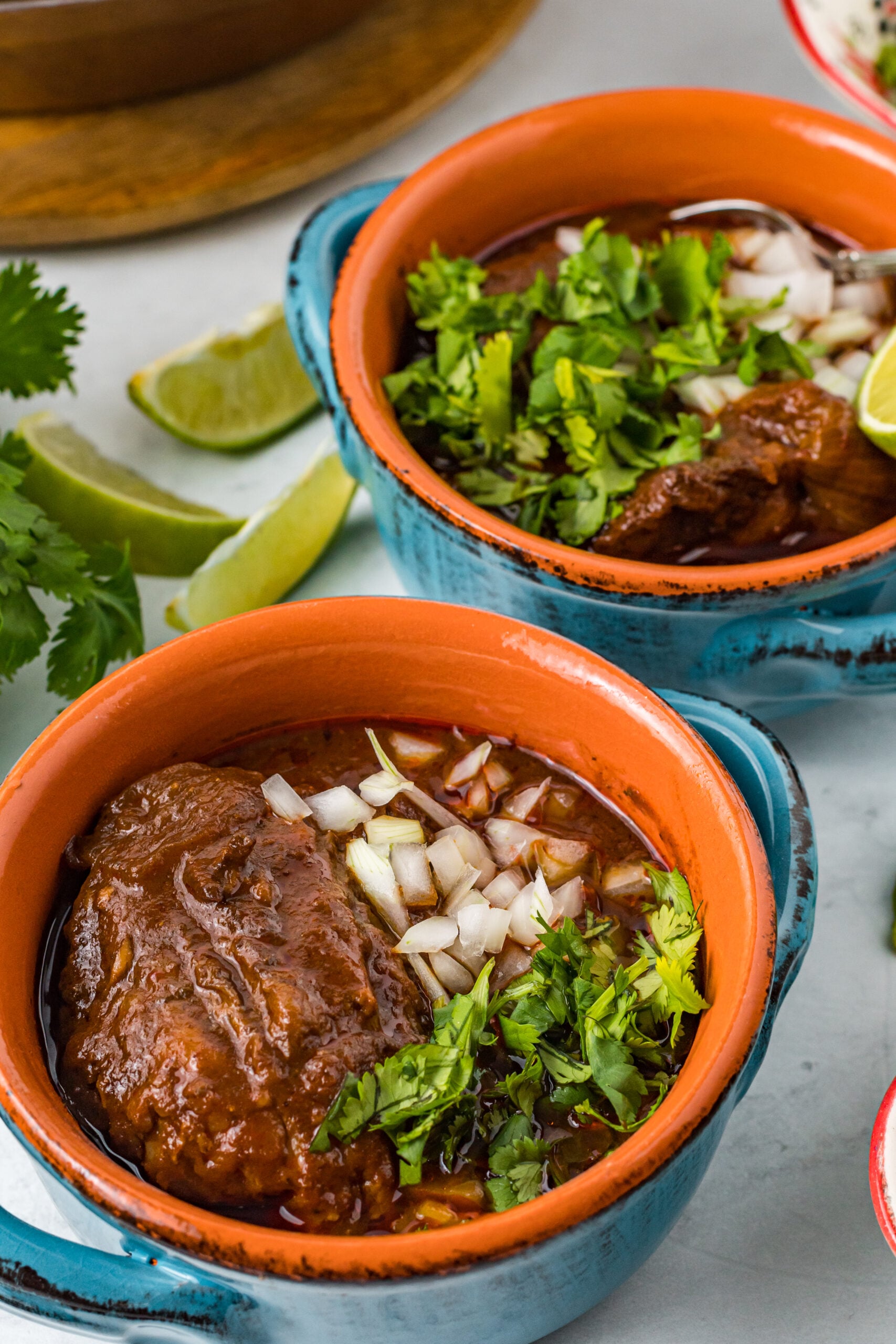 Overhead view of a serving of Beef Birria in a bowl topped with chopped onions.