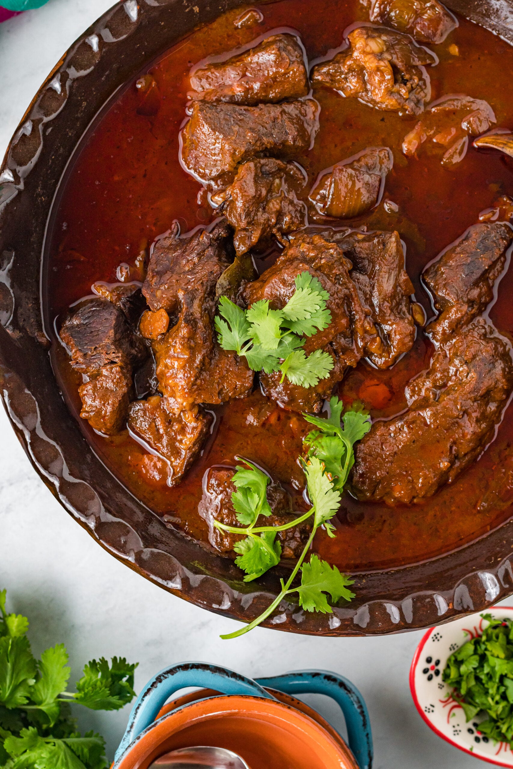 Overhead view of Beef Birria in a serving dish.