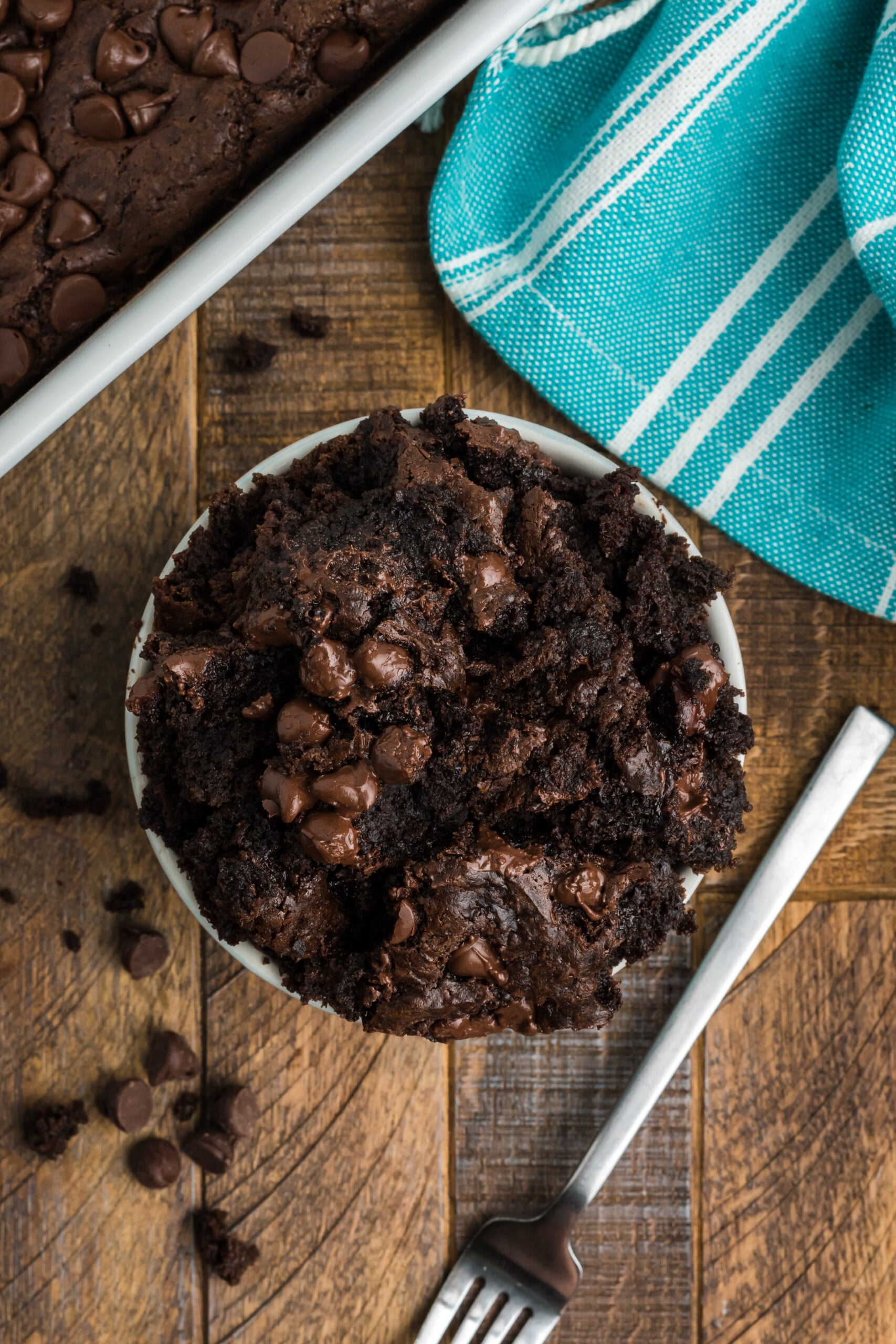Overhead view of a serving of Chocolate Dump Cake in a bowl.