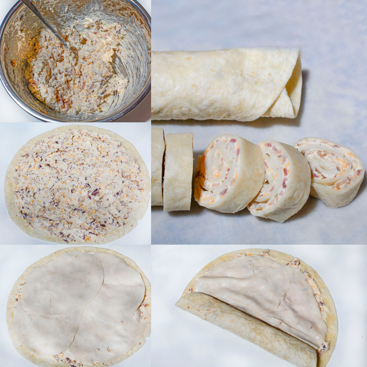 collage of how to assemble the turkey pinwheels