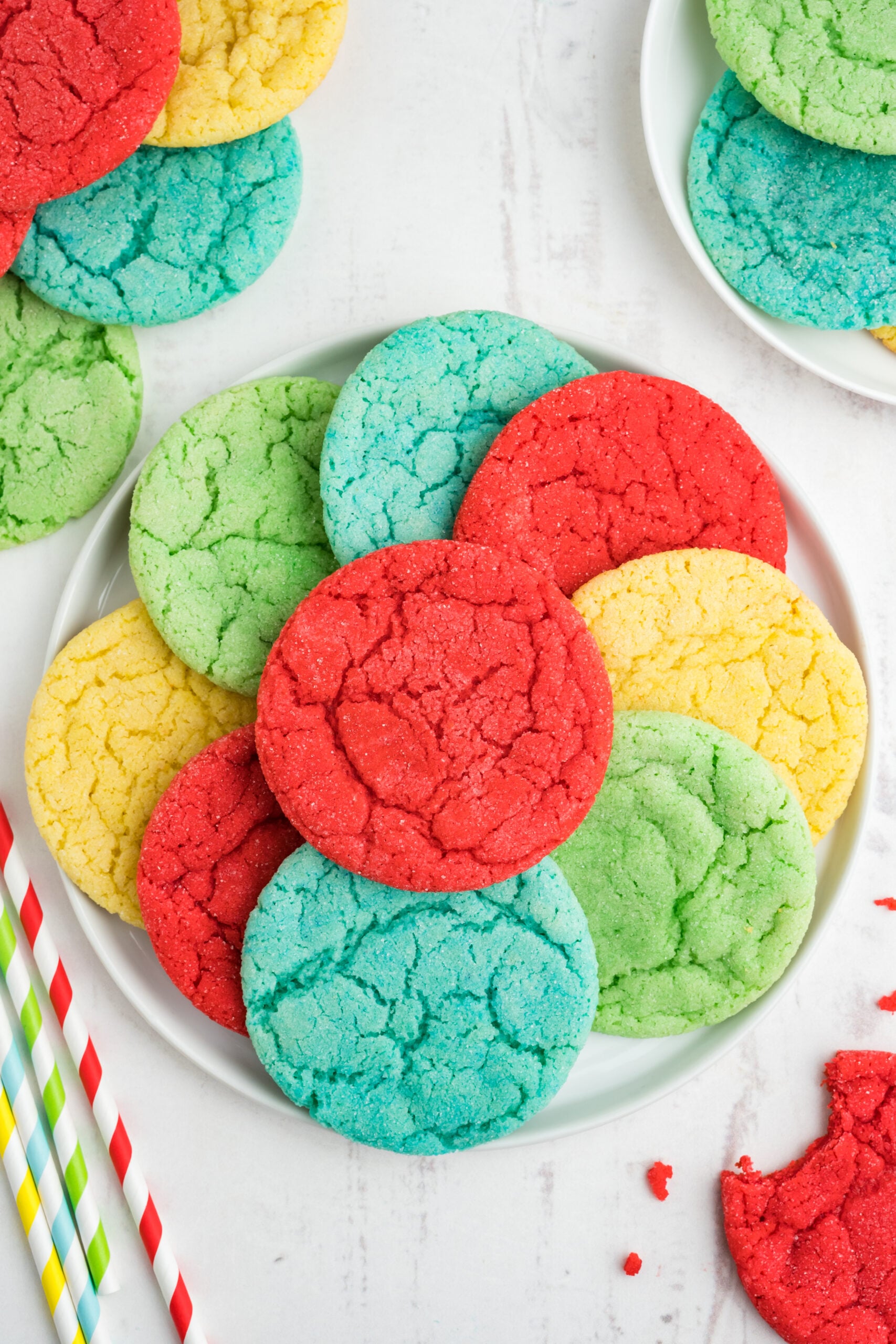 Overhead view of Jello Cookies on a white plate.