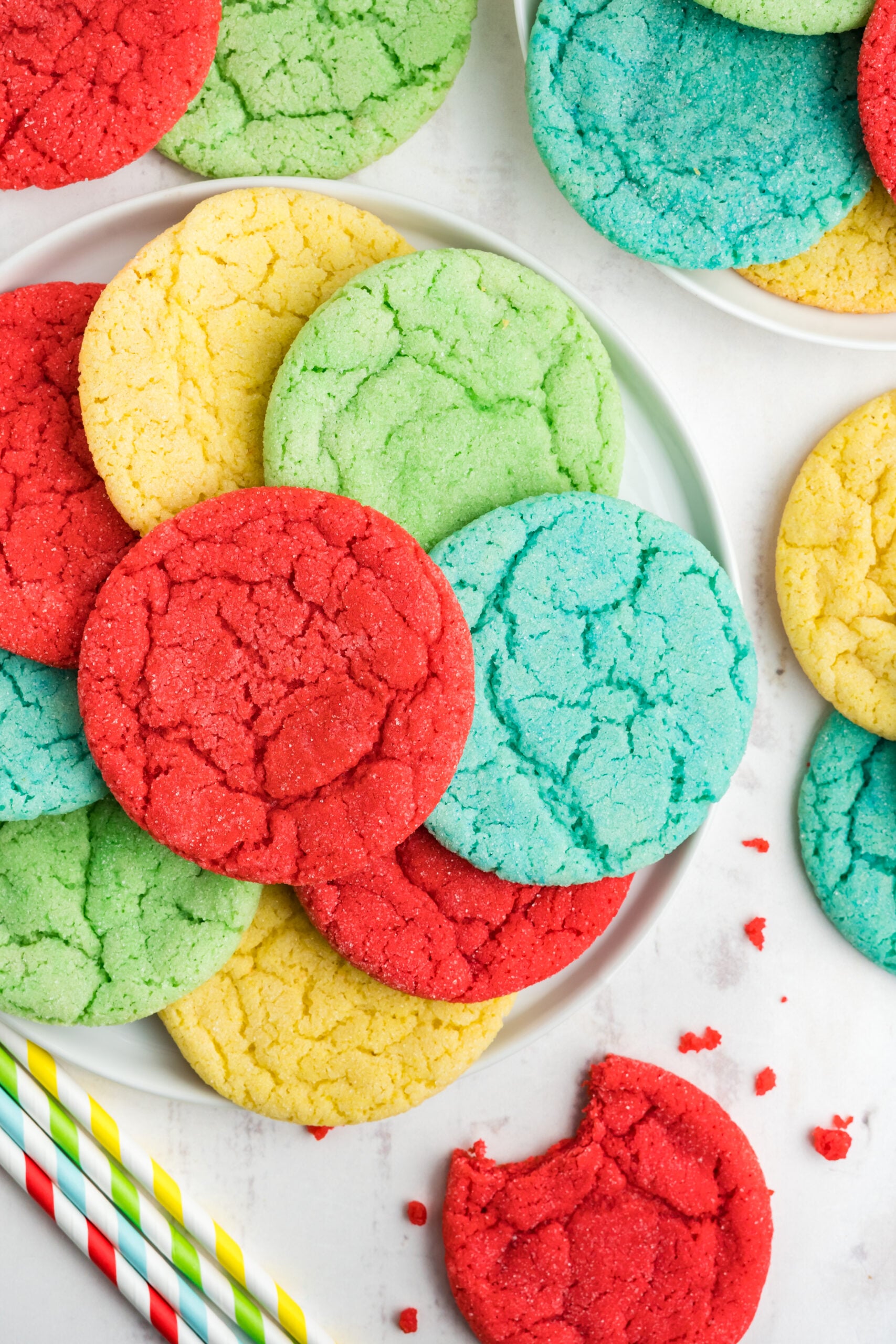 Overhead view of Jello Cookies on a white plate.