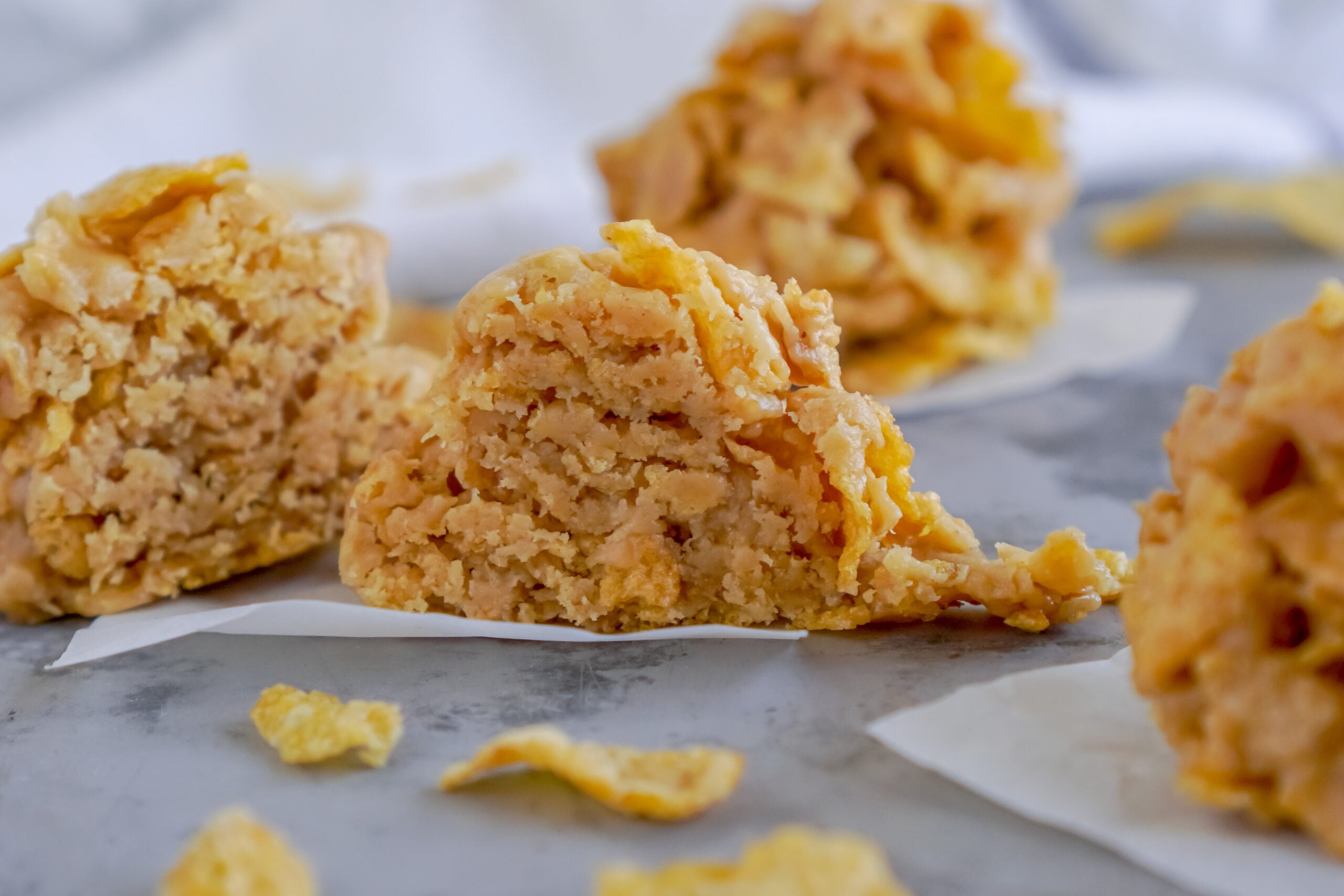 No bake cornflake cookies cut open to show texture