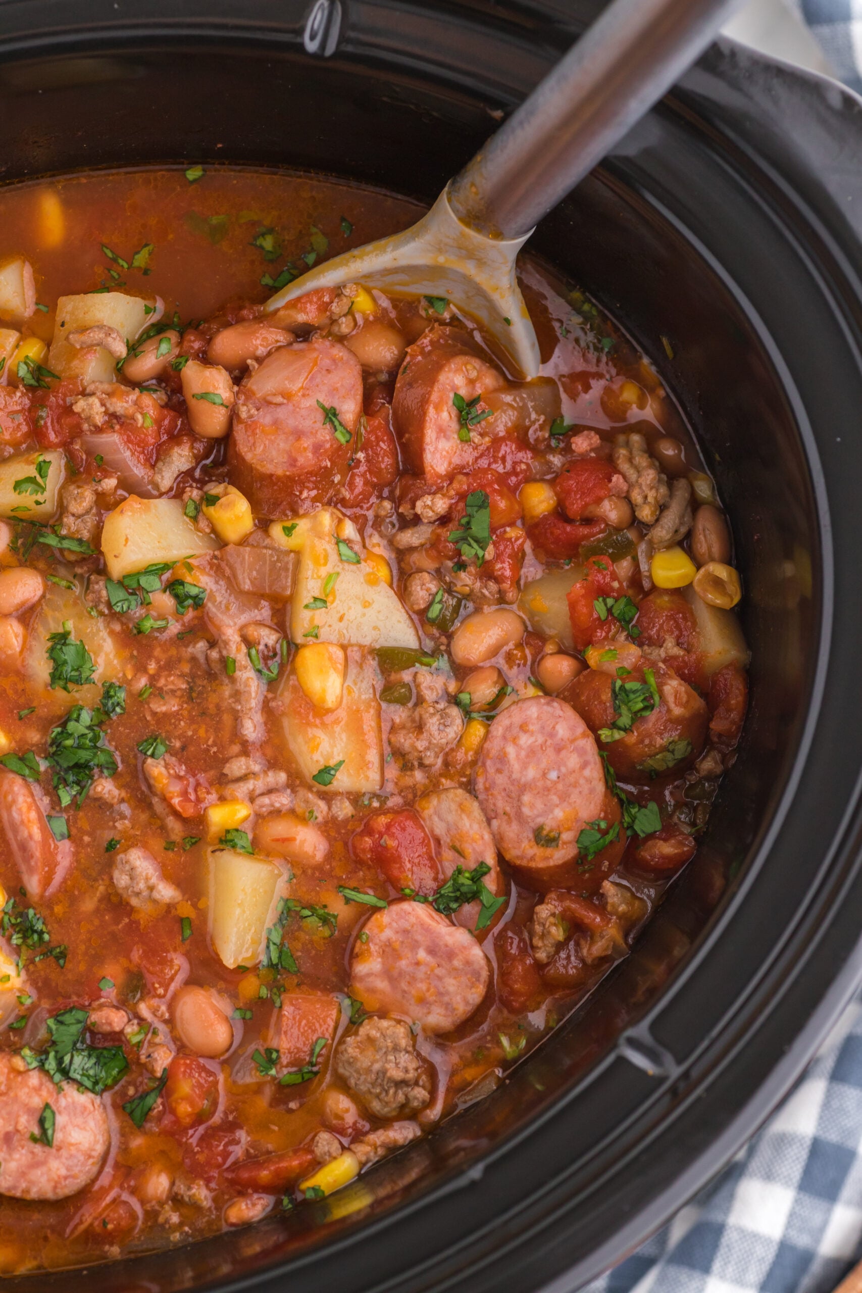 Close up view of Slow Cooker Texas Cowboy Stew in a crockpot.