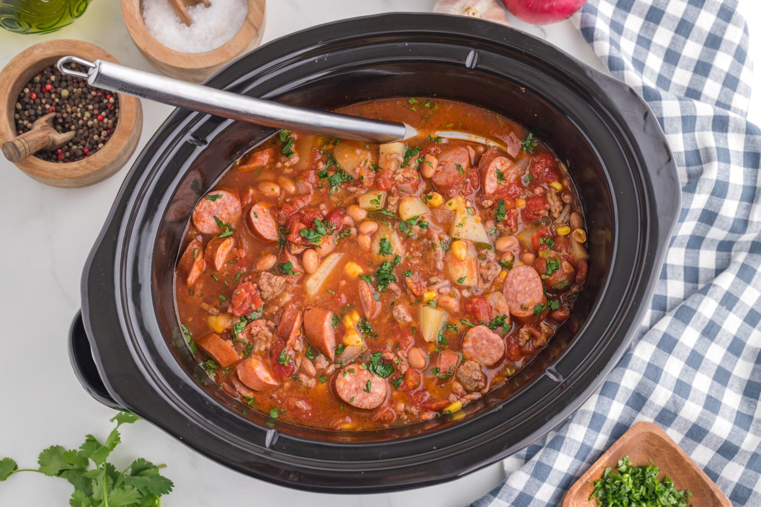Overhead view of Slow Cooker Texas Cowboy Stew in a crockpot.
