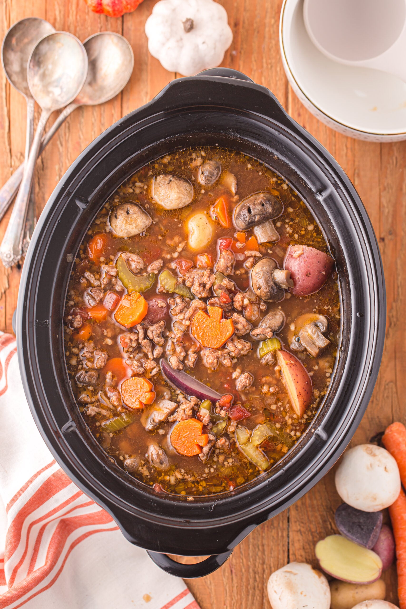 Overhead view of Witches Brew Stew in a slow cooker.