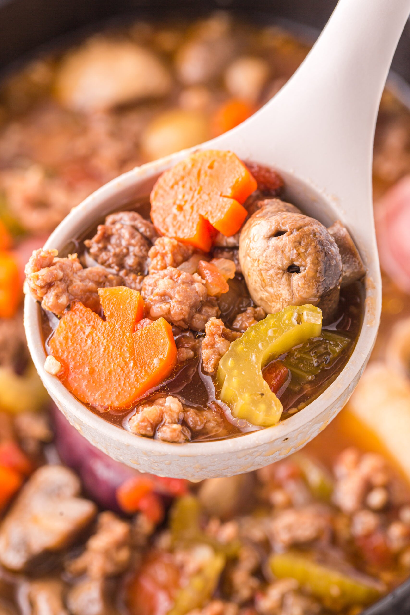 Close up view of a serving spoon removing a serving of Witches Brew Stew.
