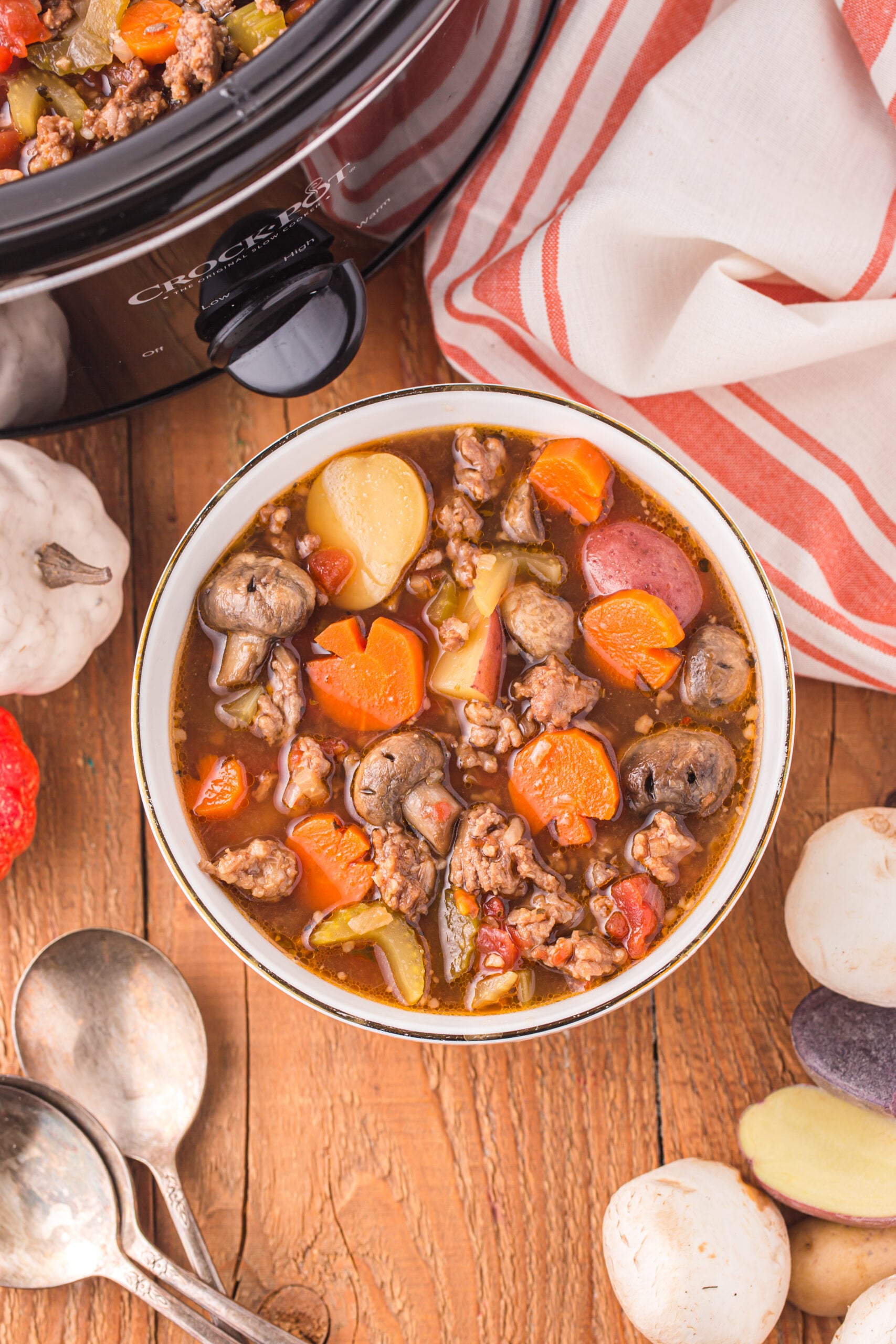 Overhead view of a serving of Witches Brew Stew in a bowl.