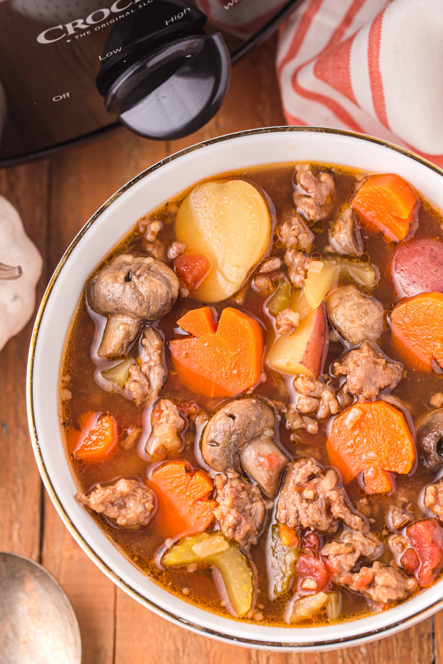 Overhead view of a serving of Witches Brew Stew in a bowl.
