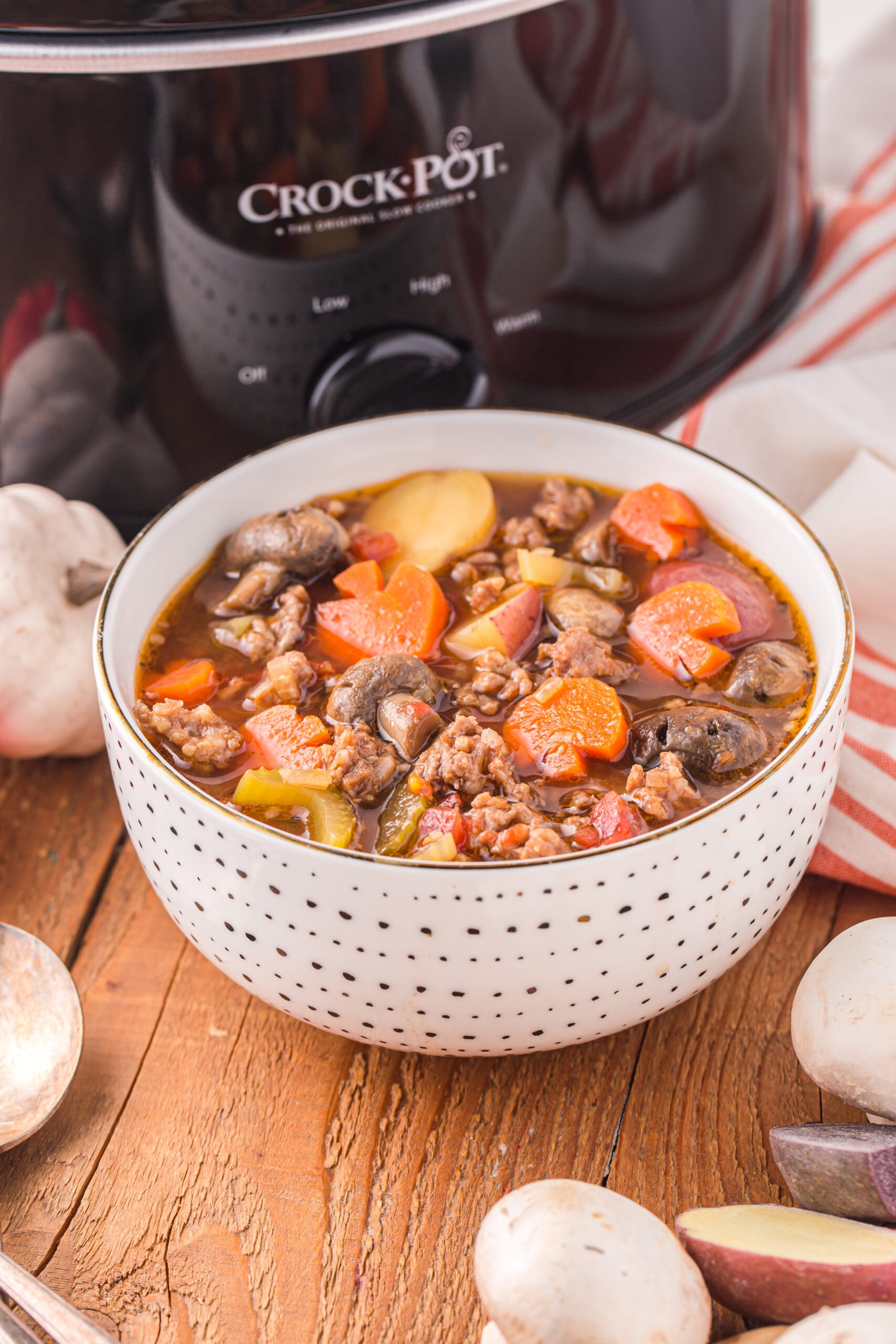 Front view of a serving of Witches Brew Stew in a bowl.