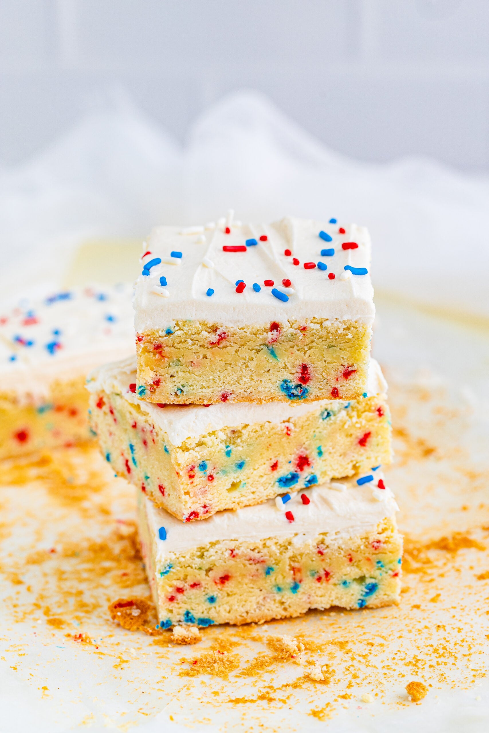 Front view of three Patriotic Sugar Cookie Bars stacked.