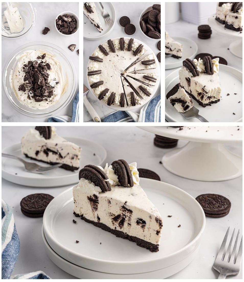 collage of the no bake oreo cheesecake showing all different angles
