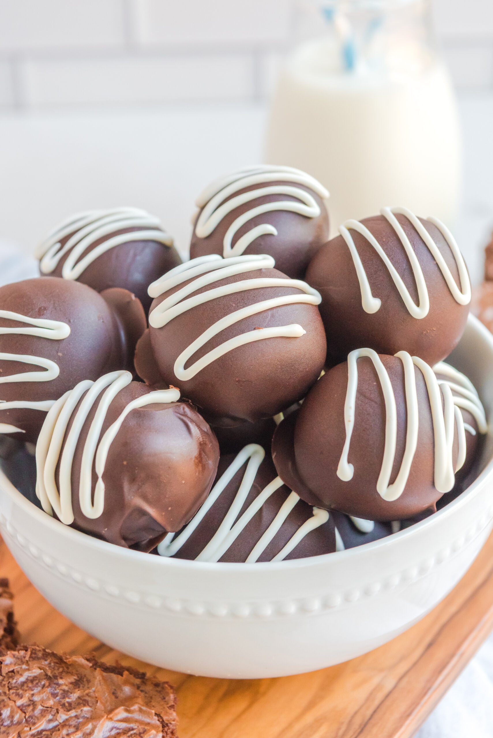 Up close photo of the Brownie Bite Truffles in a white bowl