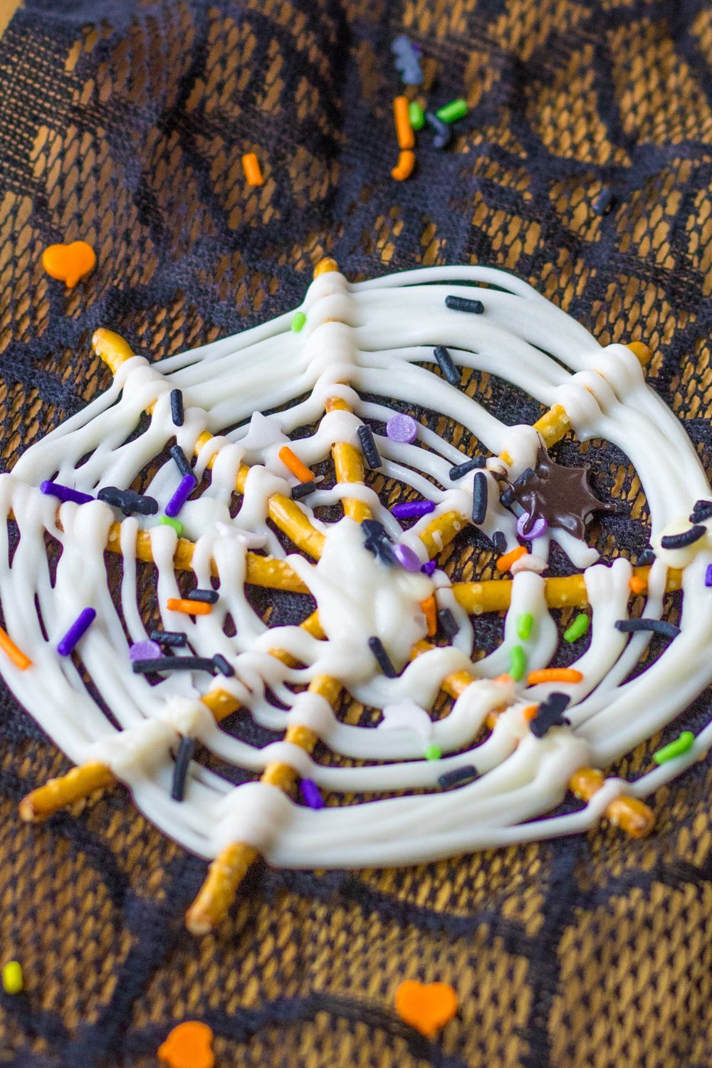 Chocolate Pretzel Spiderwebs on tray