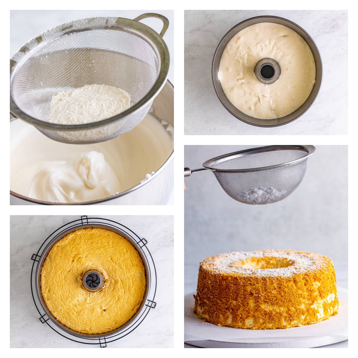 collage of 4 photos showing how to make the angel food cake