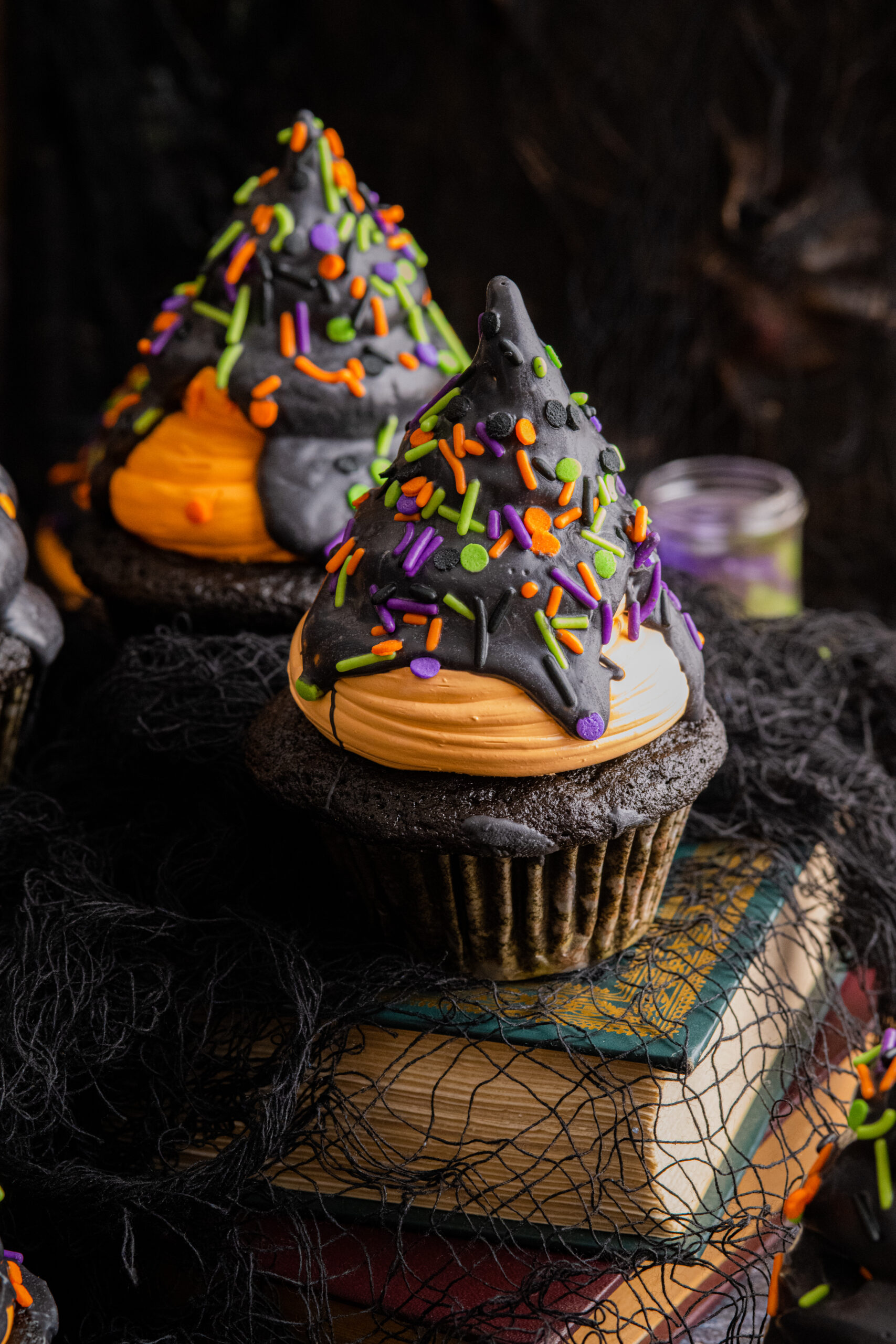 Halloween Cupcakes on table with a close up view