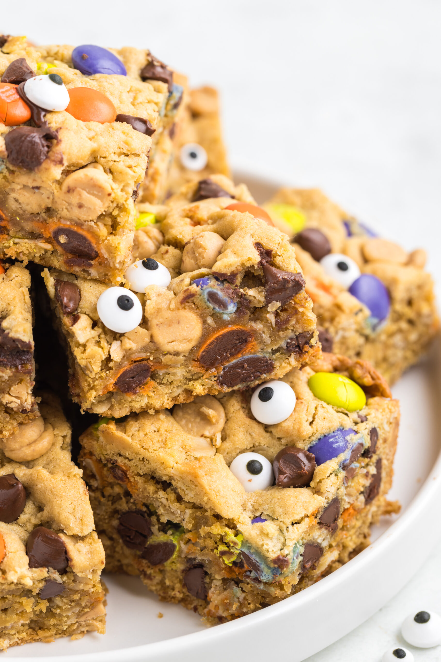 fall cookie bars stacked on a platter on table