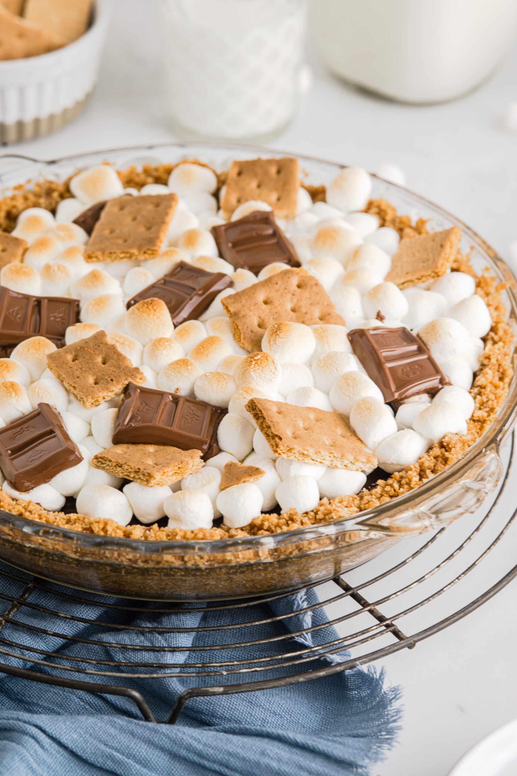 S'mores pie in a glass baking dish 