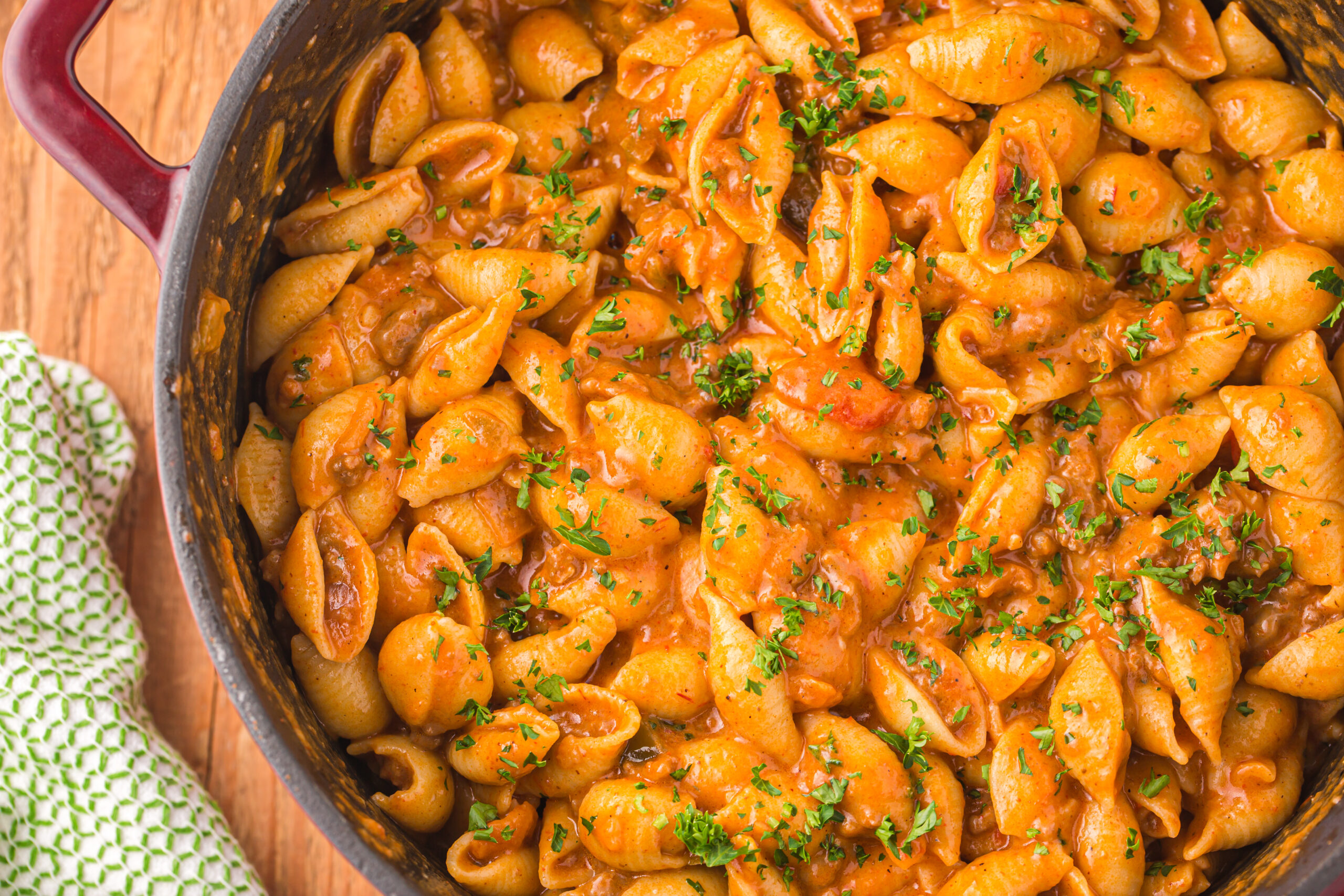 overhead shot of the taco pasta in a skillet 
