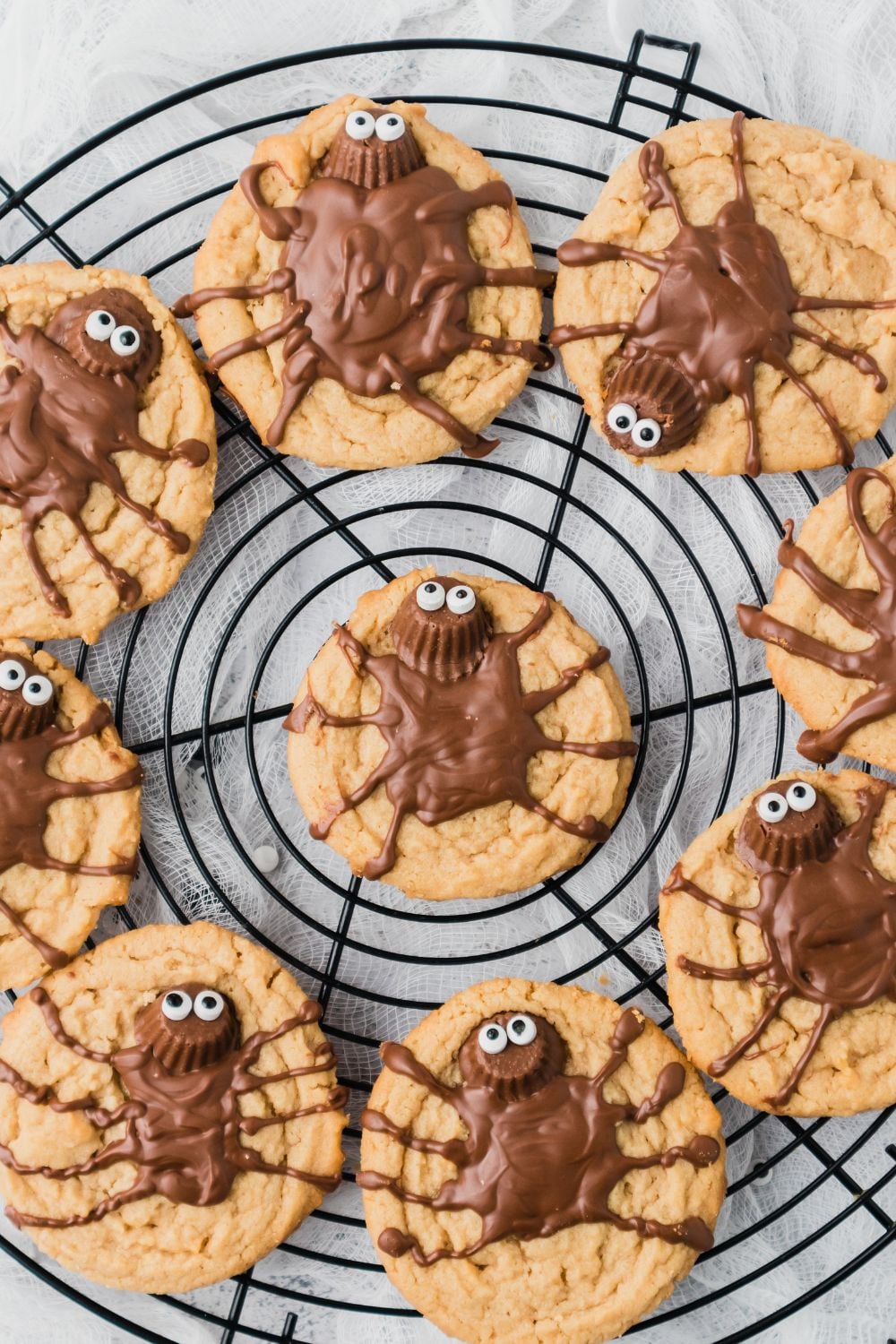 spider cookies on a round cooling rack
