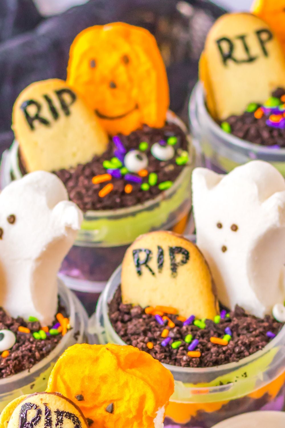 Halloween Pudding Cups on table with a overhead side view