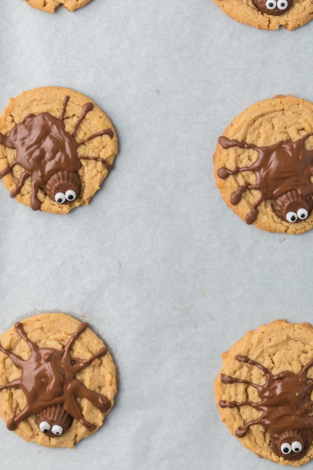 spider cookies on a parchment lined tray on table