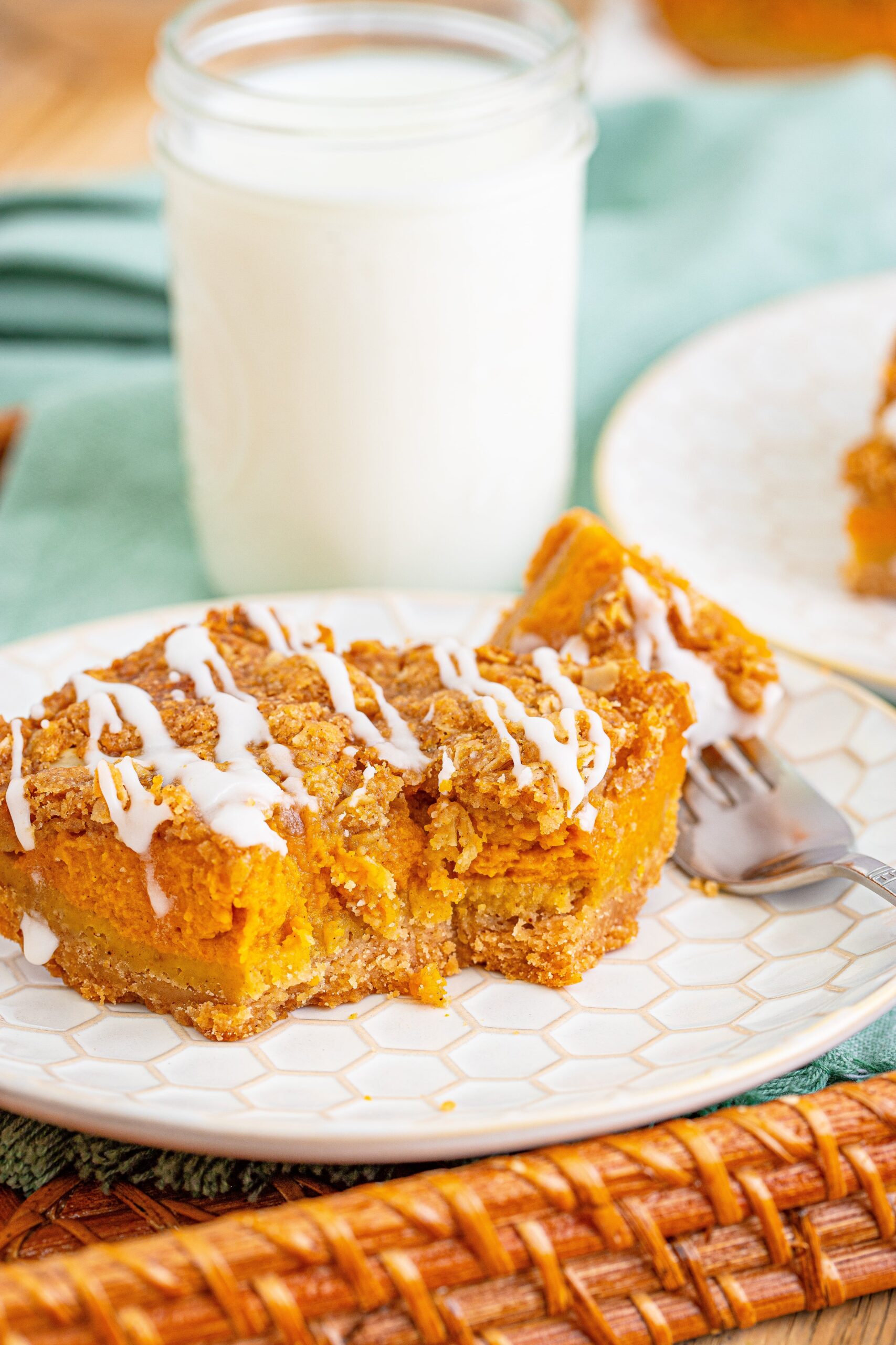 streusel bar on table with some on a fork