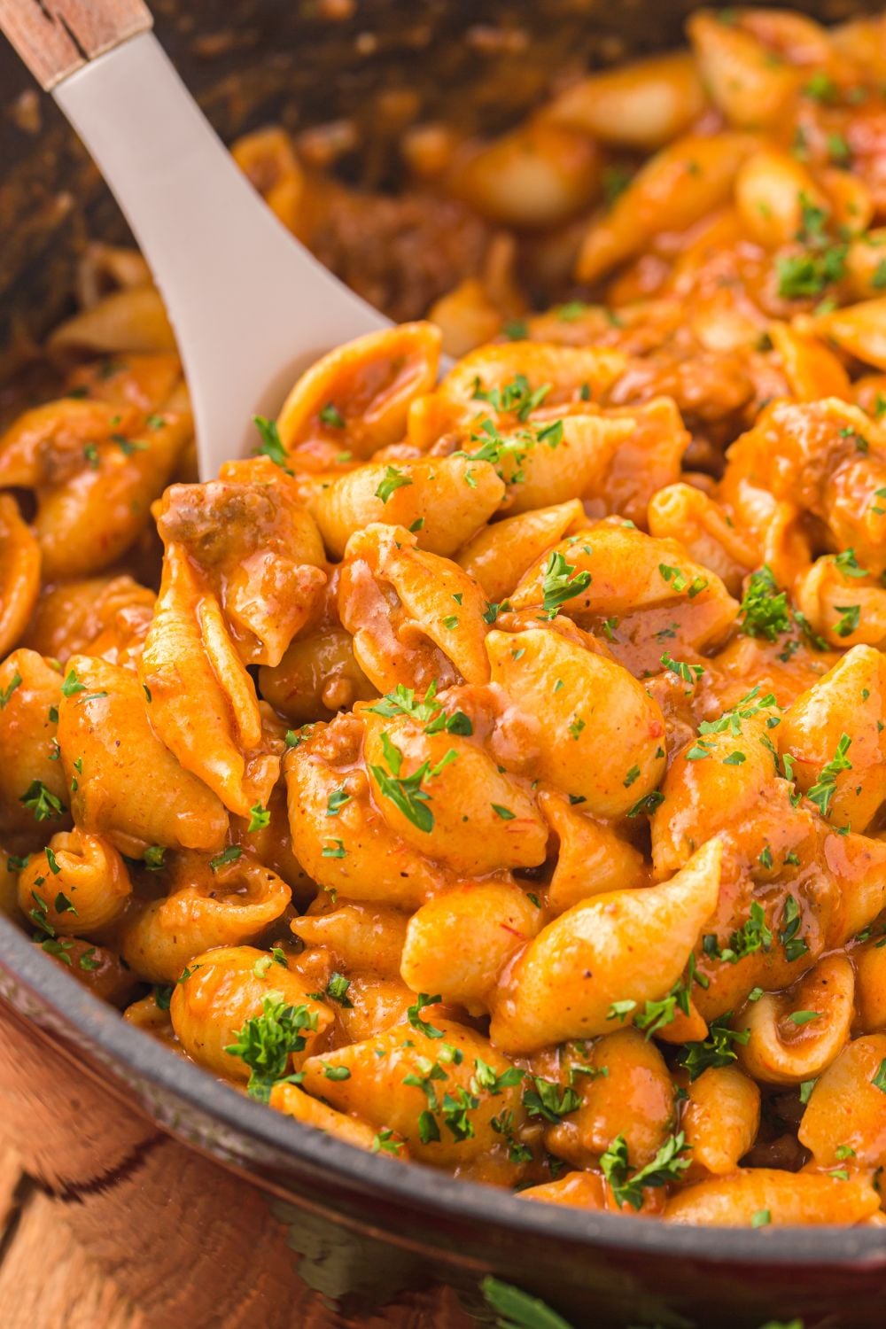 skillet with taco pasta in it 