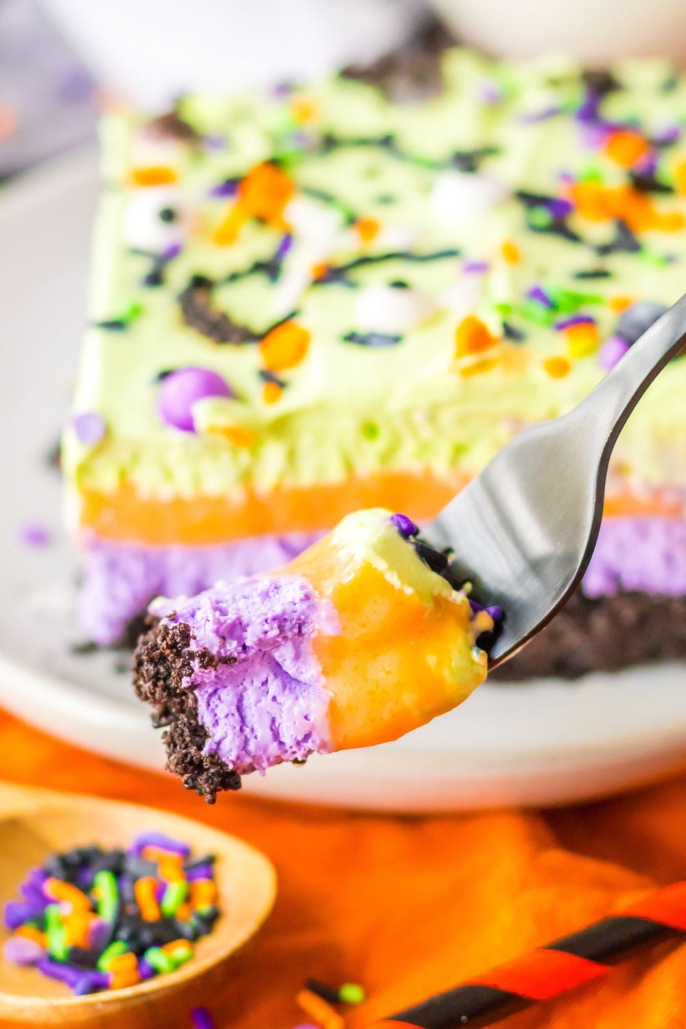 fork with a bite of layered Halloween lush on fork 