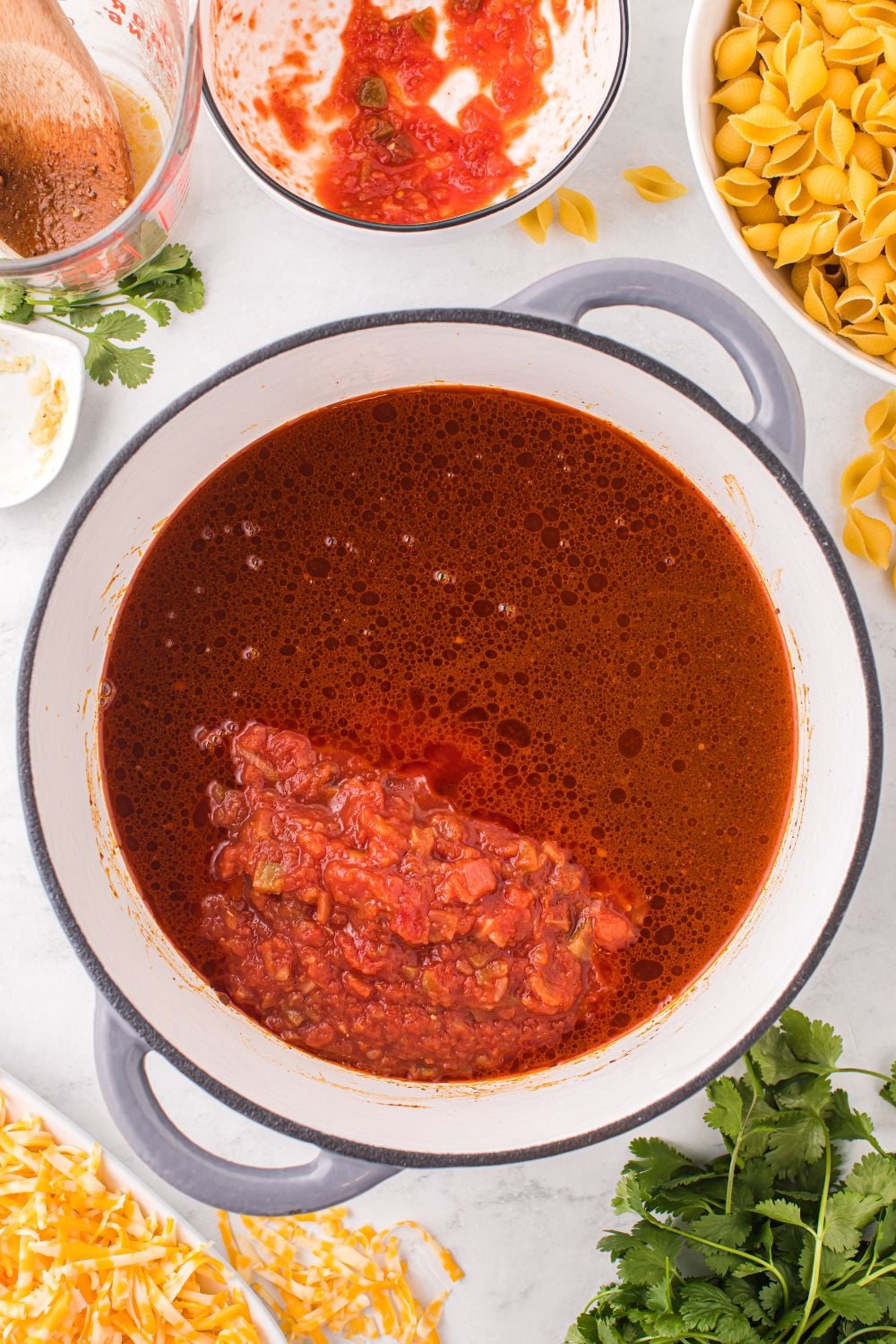 salsa and broth in a pot on stovetop 