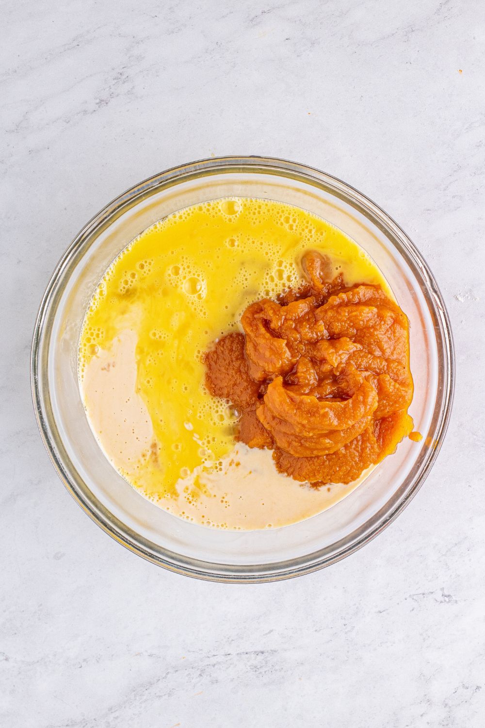 pumpkin bar ingredients in a glass bowl
